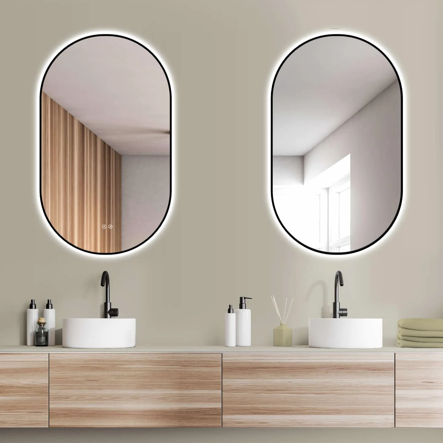 HOKO Designerskie lustro LED przeciwmgielne owalne 60 x 100 cm / 100 x 60 cm Florencja + metalowa rama czarna. Montaż pionowy + poziomy. Lustro łazienkowe duże + 2 przełączniki dotykowe + światło LED