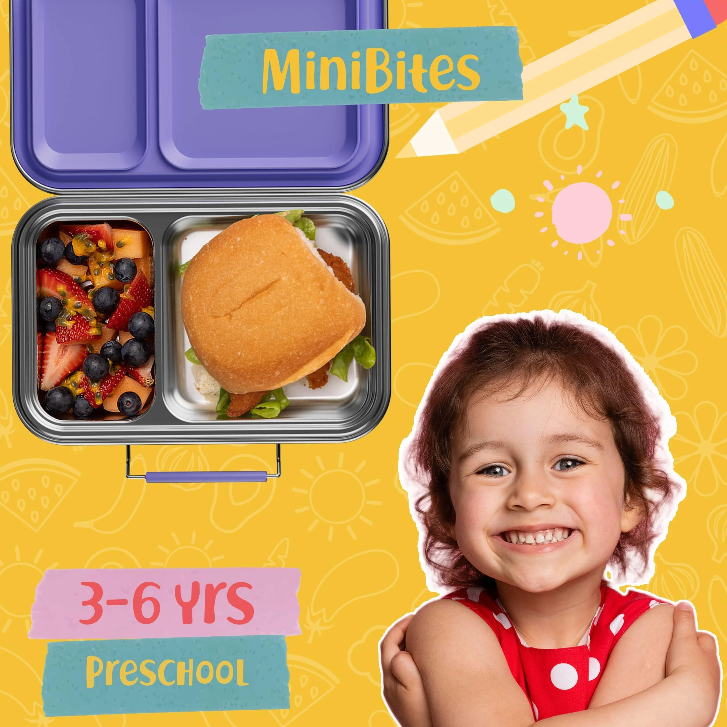AOHEA Pudełko na lunch ze stali nierdzewnej dla dzieci, szczelne pudełko na lunch Bento, bez BPA, ze stali nierdzewnej 304, pudełko Bento z pojemnikami, do szkoły i biura, fioletowe