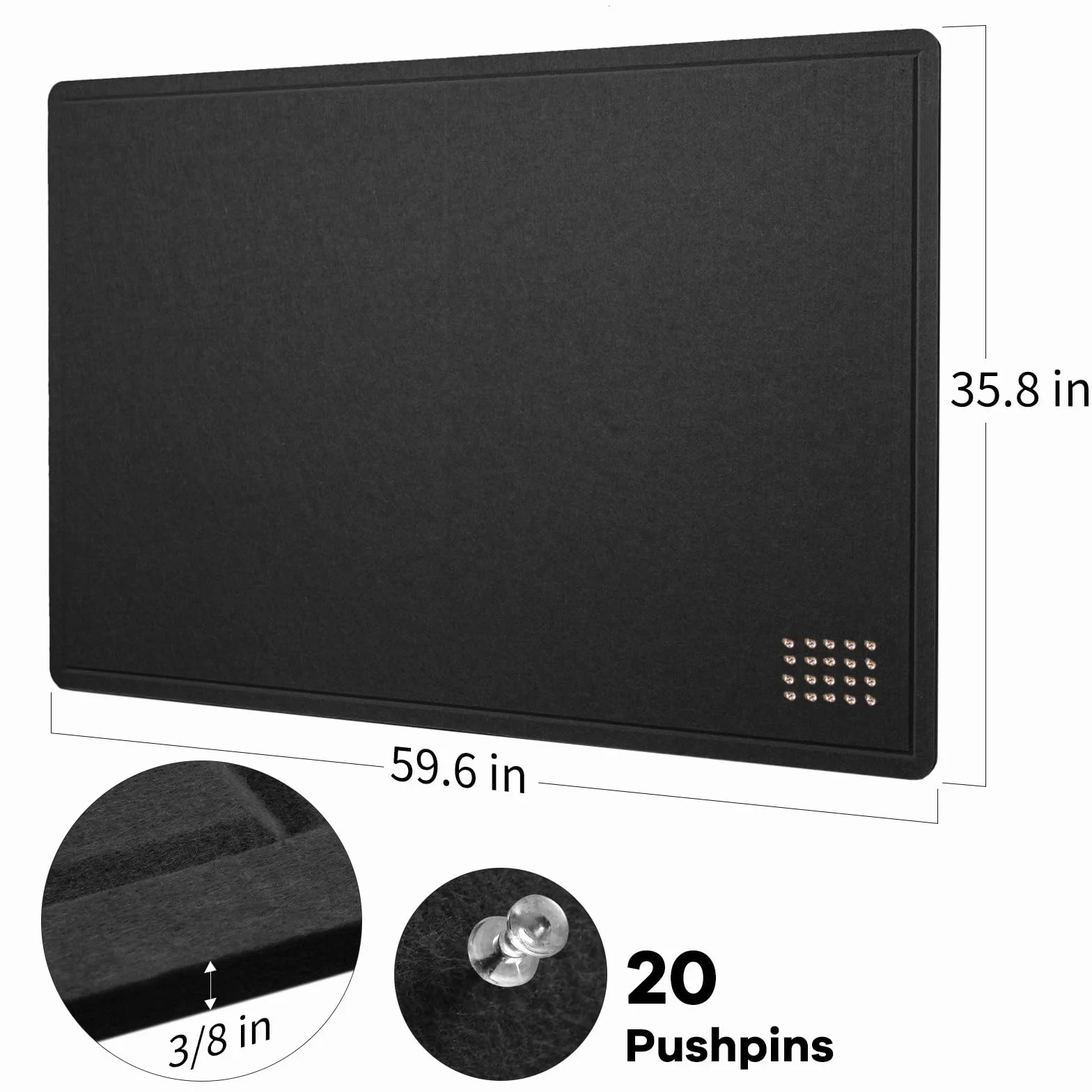 Duża tablica ogłoszeń – 152 x 81 cm, dekoracyjna filcowa tablica do przypinania na ścianę, składana tablica do zdjęć z taśmą samoprzylepną, zawiera 20 pinezek - czarna