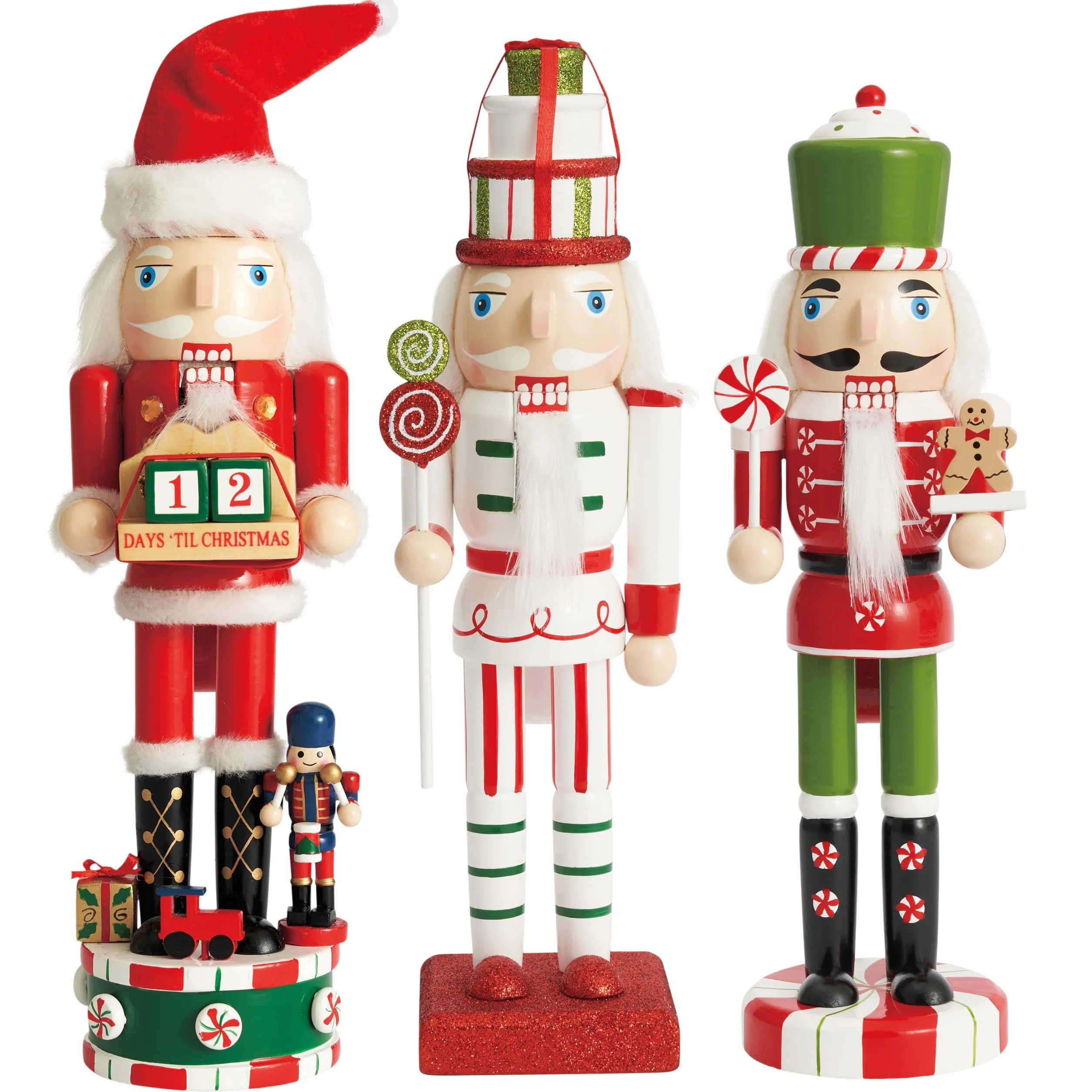 THE TWIDDLERS - 3 x drewniany dziadek do orzechów, 25 cm, świąteczny kolor i odliczanie - Tradycyjne klasyczne ozdoby z drewna sosnowego, ręcznie robione ozdoby świąteczne z częściami