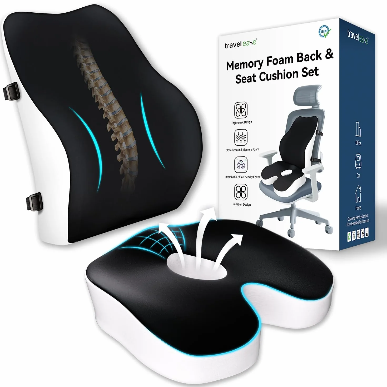 Travel Ease Zestaw Poduszki do Siedzenia i Poduszki Lędźwiowej z Pianka Pamięciowa, Ergonomiczny Komfort do Krzesła Biurowego, Samochodu, Domu i Podróży, Wsparcie dla Pleców i Pośladków, Czarny
