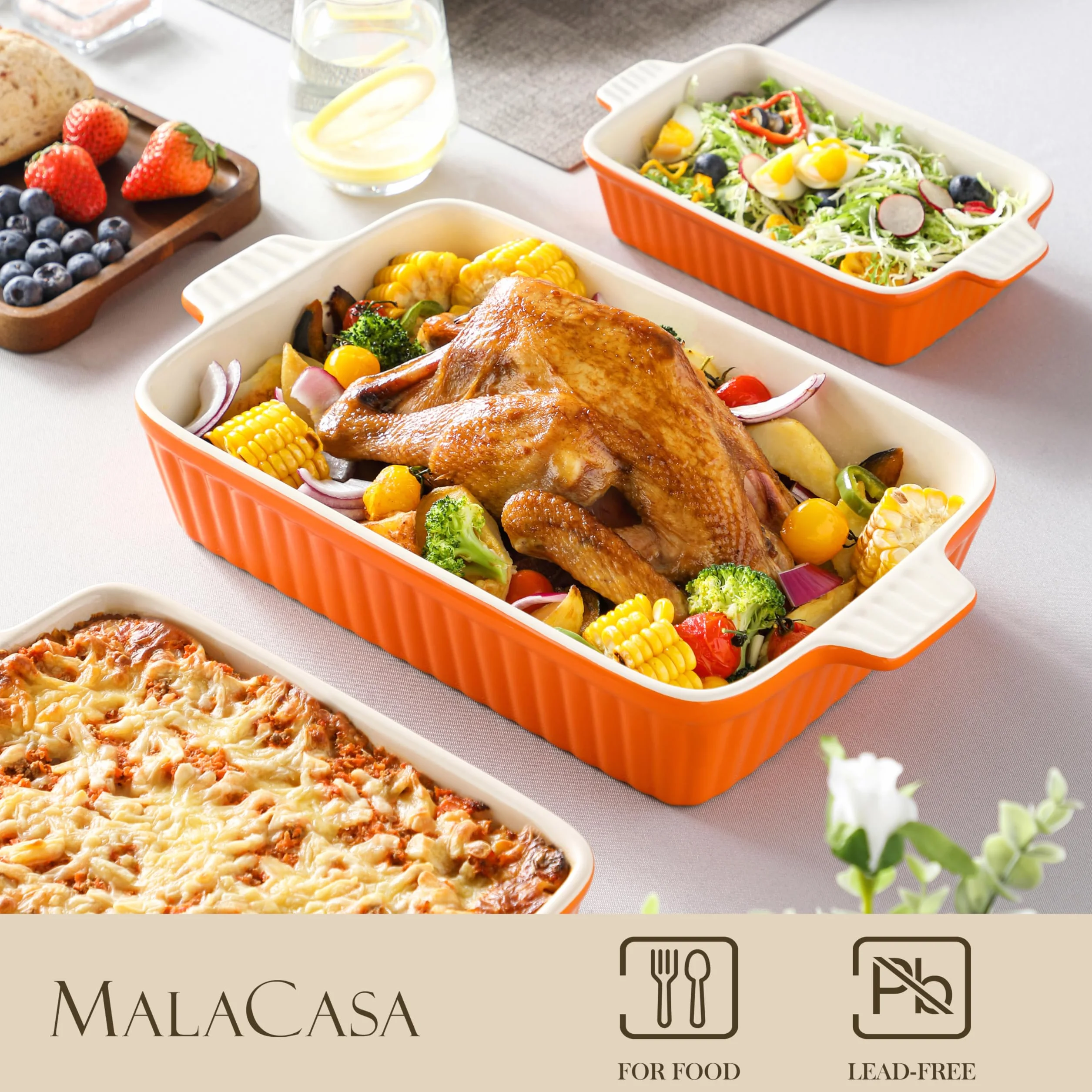 MALACASA Zestaw 4 porcelanowych naczyń do pieczenia, do piekarnika, naczynia do zapiekanek, ceramiczne, prostokątne, do pieczenia lasagne, do gotowania, ciasta, kuchni, pomarańczowe (24 cm/28 cm/31 cm