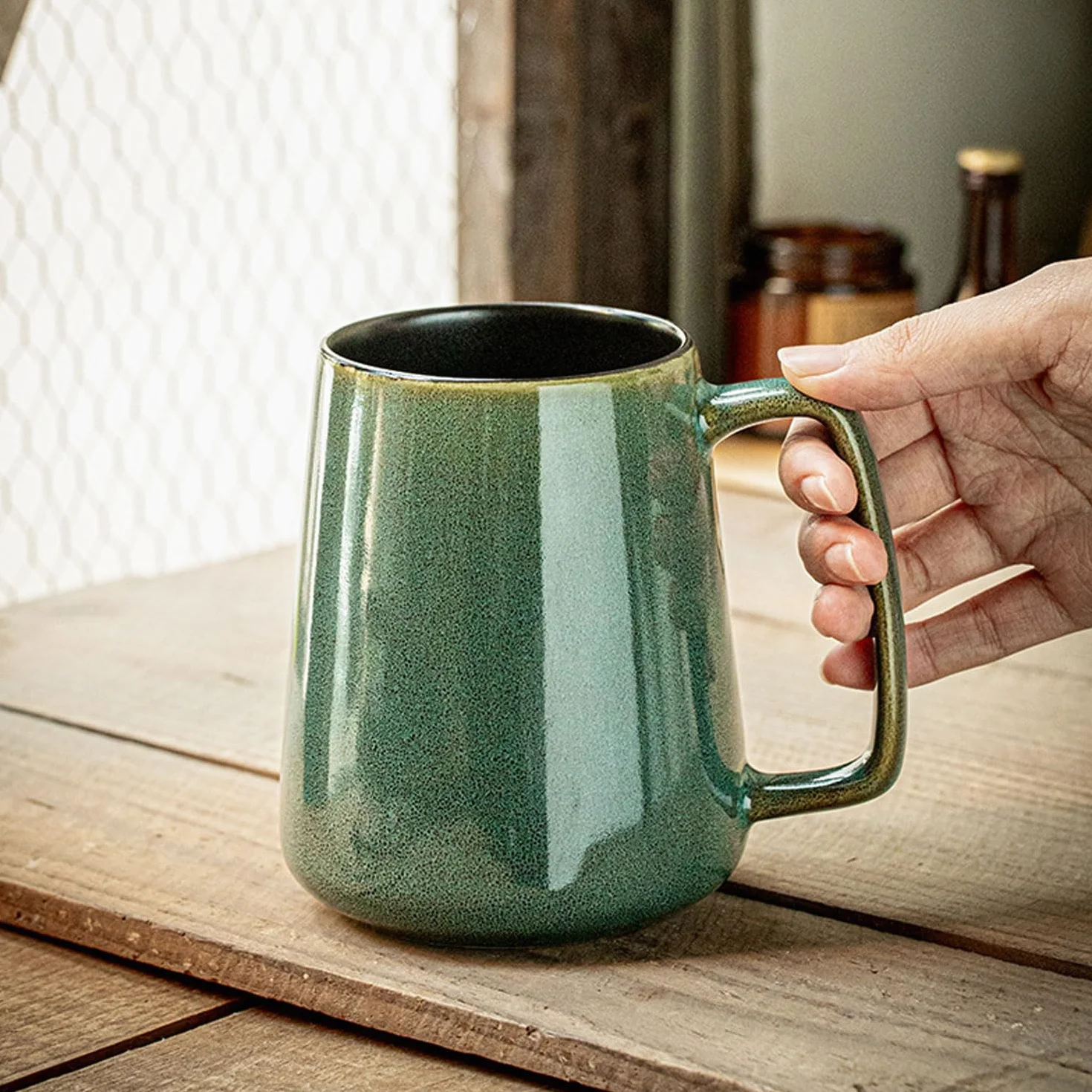 Ceramiczny kubek do kawy 24 uncji, duży kubek do kawy mlecznej filiżanka do herbaty gładka glazura kakao cappuccino mleko płatki, można myć w zmywarce Można używać w kuchence mikrofalowej (zielony)