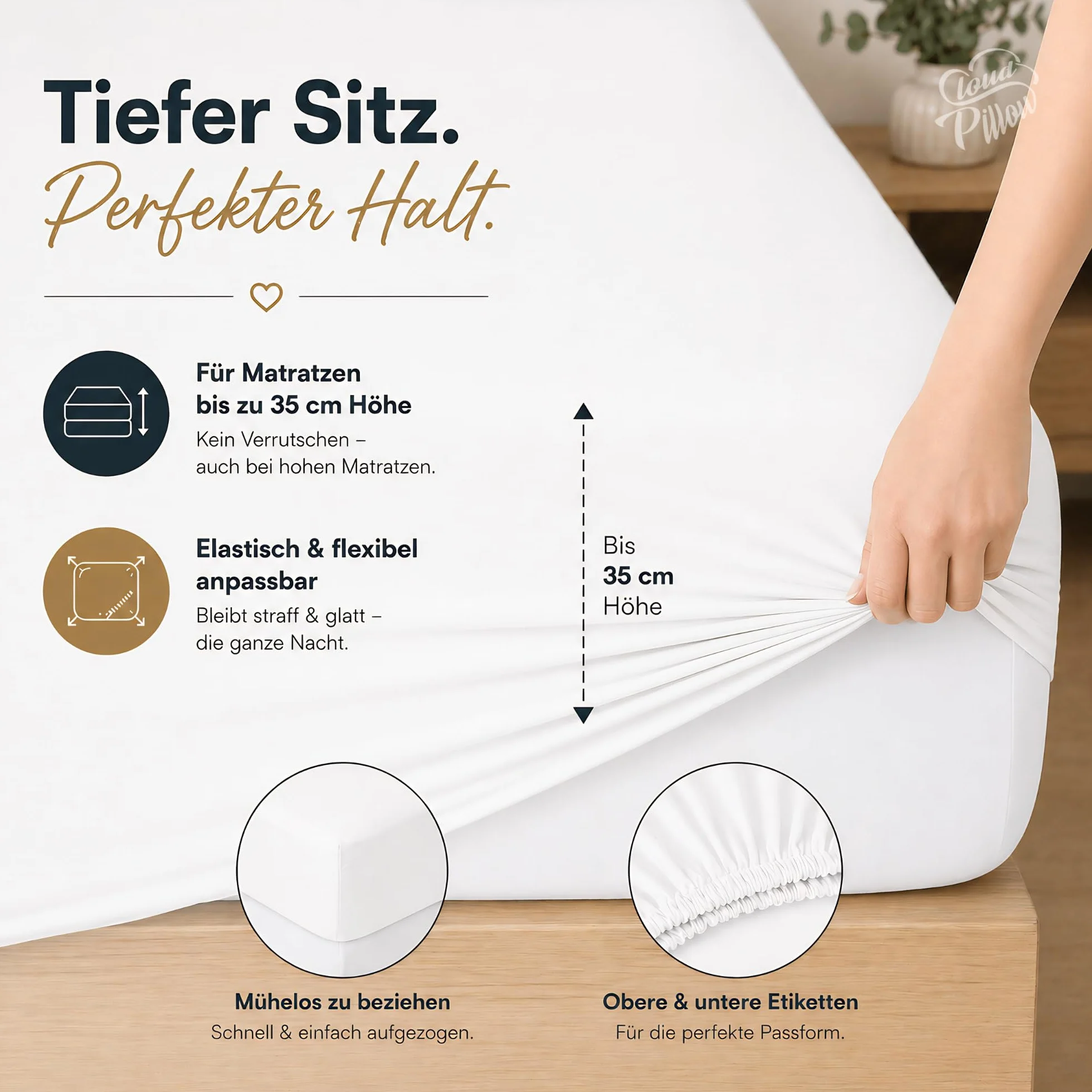 Cloud Pillow Prześcieradło z gumką 160x200cm – idealne na wysokie materace | 100% bawełna, elastyczna gumka wokół, komfort na co dzień, na materace do 35 cm, 160 g/m², OEKO-TEX Standard 100