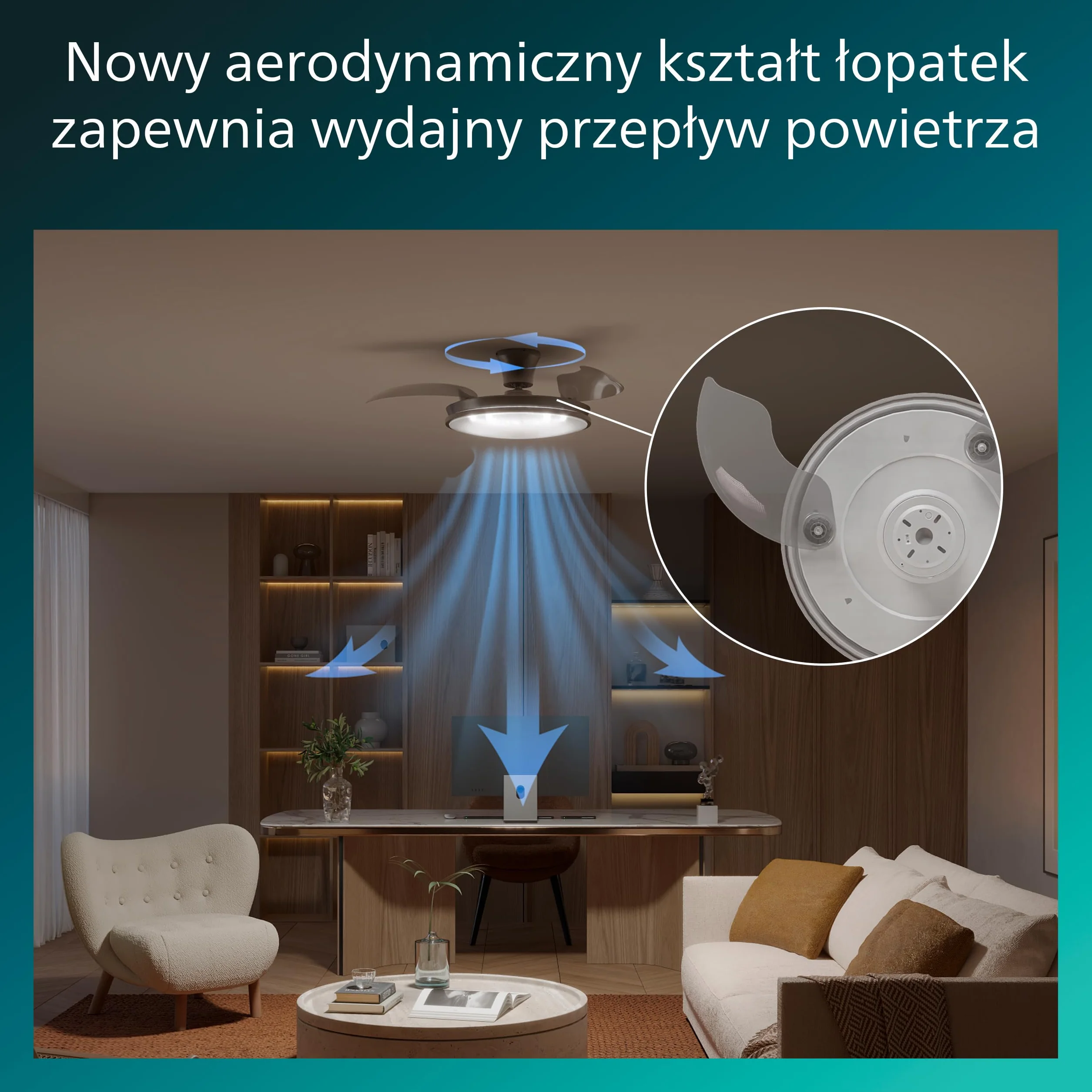 Chowany Wentylator Sufitowy Philips Atlas z Oświetleniem LED, 3 Łopatki, 106 cm, 4500 Lumenów, Regulowana Barwa 3000–6500 K, Przyciemnianie do 5%, Pilot, Niklowy