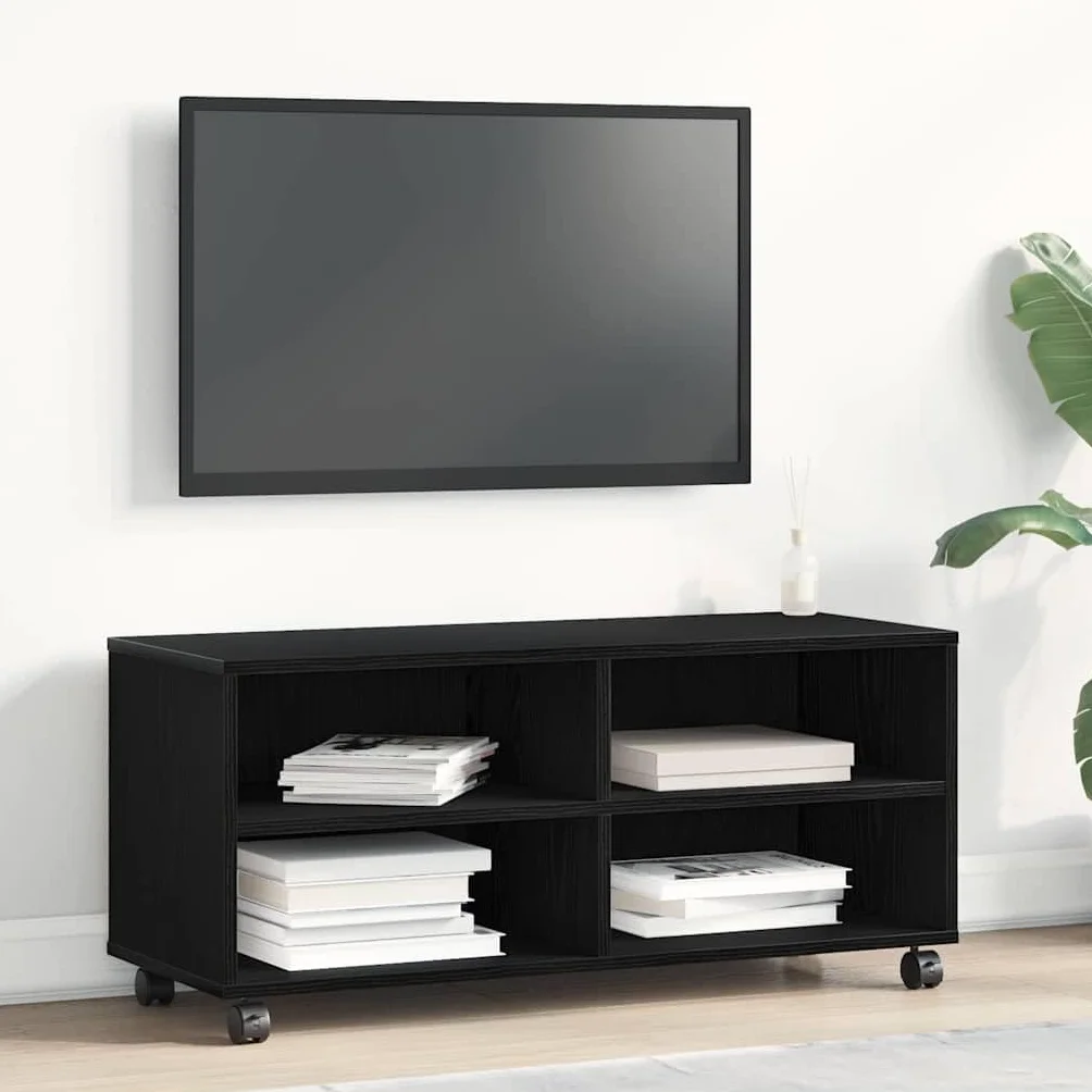 Szafka pod telewizor czarna, 90 x 35 x 40,5 cm, materiał drewnopochodny, nowoczesne wzornictwo, uniwersalna podstawka pod telewizor, oszczędzająca miejsce konsola medialna do salonu