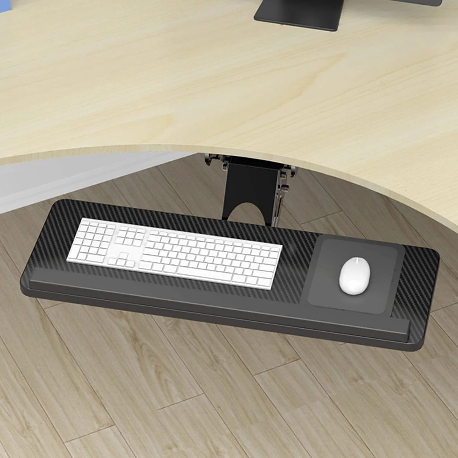 Regulowana taca na biurko z klawiaturą i myszką, wysuwana szuflada na klawiaturę z żelową wyściółką, drewniane akcesorium komputerowe do ergonomicznej konfiguracji stacji roboczej