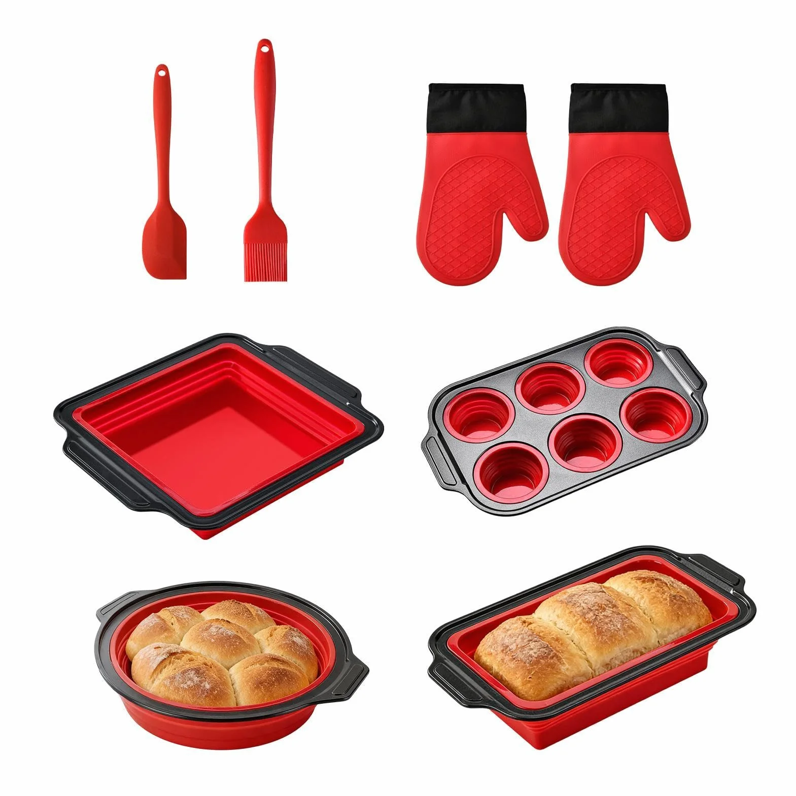 Silikonowa forma do pieczenia Zestaw układany w stosy | Z zestawem rękawic, skrobaczki i pędzelka Układany zestaw do muffinów, chleba, ciasteczek, babeczek, jajek, pączków, boczku,