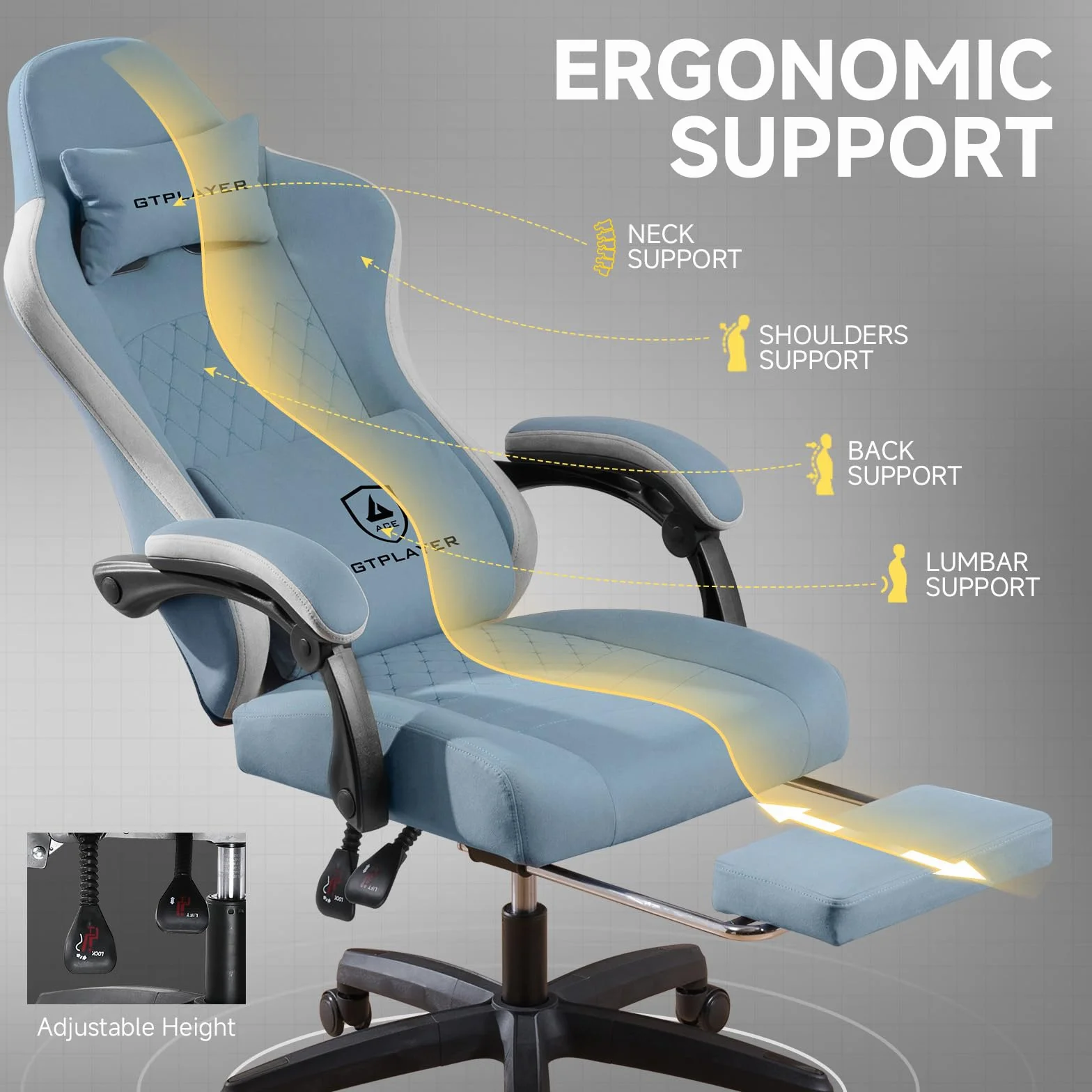 GTPLAYER Fotel gamingowy, ergonomiczny fotel gamingowy, krzesło do biurka z powierzchnią z materiału, poduszka sprężynowa, podłokietniki łączące i podnóżek, jasnoniebieski