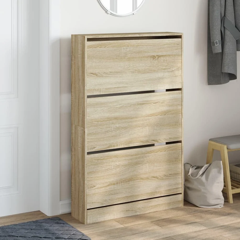 Szafka na buty dąb Sonoma z materiału drewnopochodnego 80 x 21 x 125,5 cm z 3 półkami, zajmuje mało miejsca, do korytarza, przedpokoju, wejścia, schowka, regał na buty, organizer