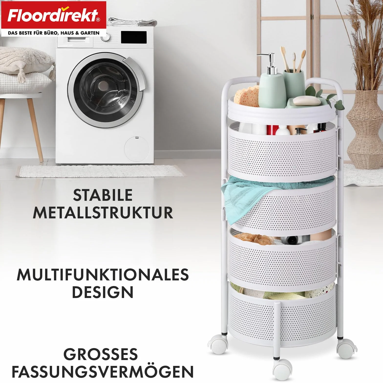 Floordirekt Wózek kuchenny, okrągły, regał kuchenny, regał na warzywa z kółkami, wózek na owoce, wózek do przechowywania do kuchni, łazienki, salonu, pokoju dziecięcego – Henry (4 poziomy)