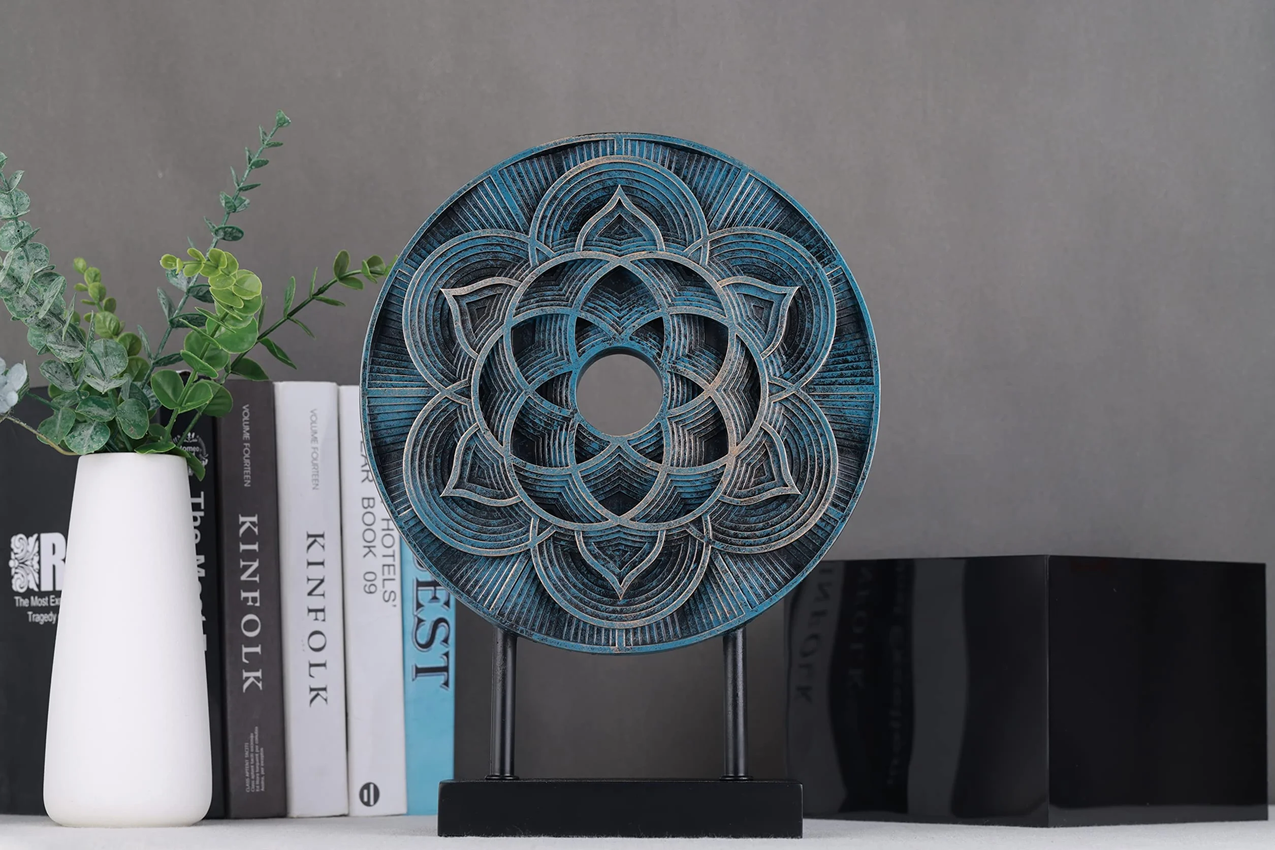 WUBIANJIE Dysk geometryczny wzór statua rzeźba wystrój domu nowoczesna unikalna niebieska złota dekoracja salon sypialnia konsola stół statuetka akcesoria (niebieski)