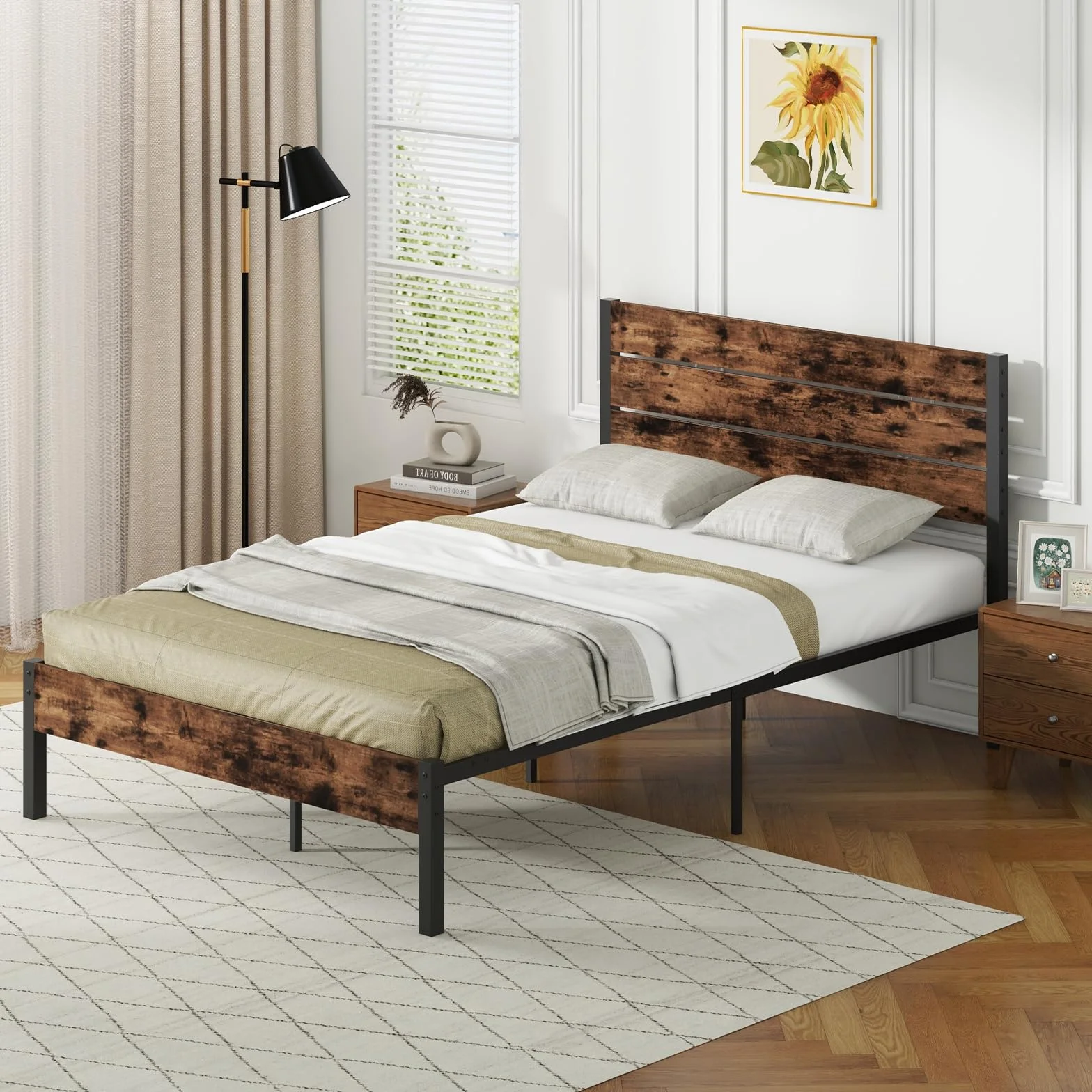 COSTWAY Metalowa rama łóżka 200x140 cm z stelażem i schowkiem