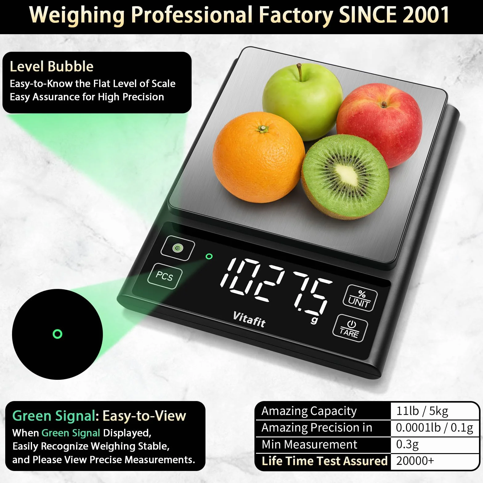 Vitafit 5kg Waga Kuchenna, Dokładność 0.1g przez Nasze Profesjonalna Waga Fabryka Od 2001, Cyfrowa Waga Funkcją Procentowego Do Gotowania, Pieczenia i Kawy, Stali Nierdzewnej, Duża Dioda LED, Czarny