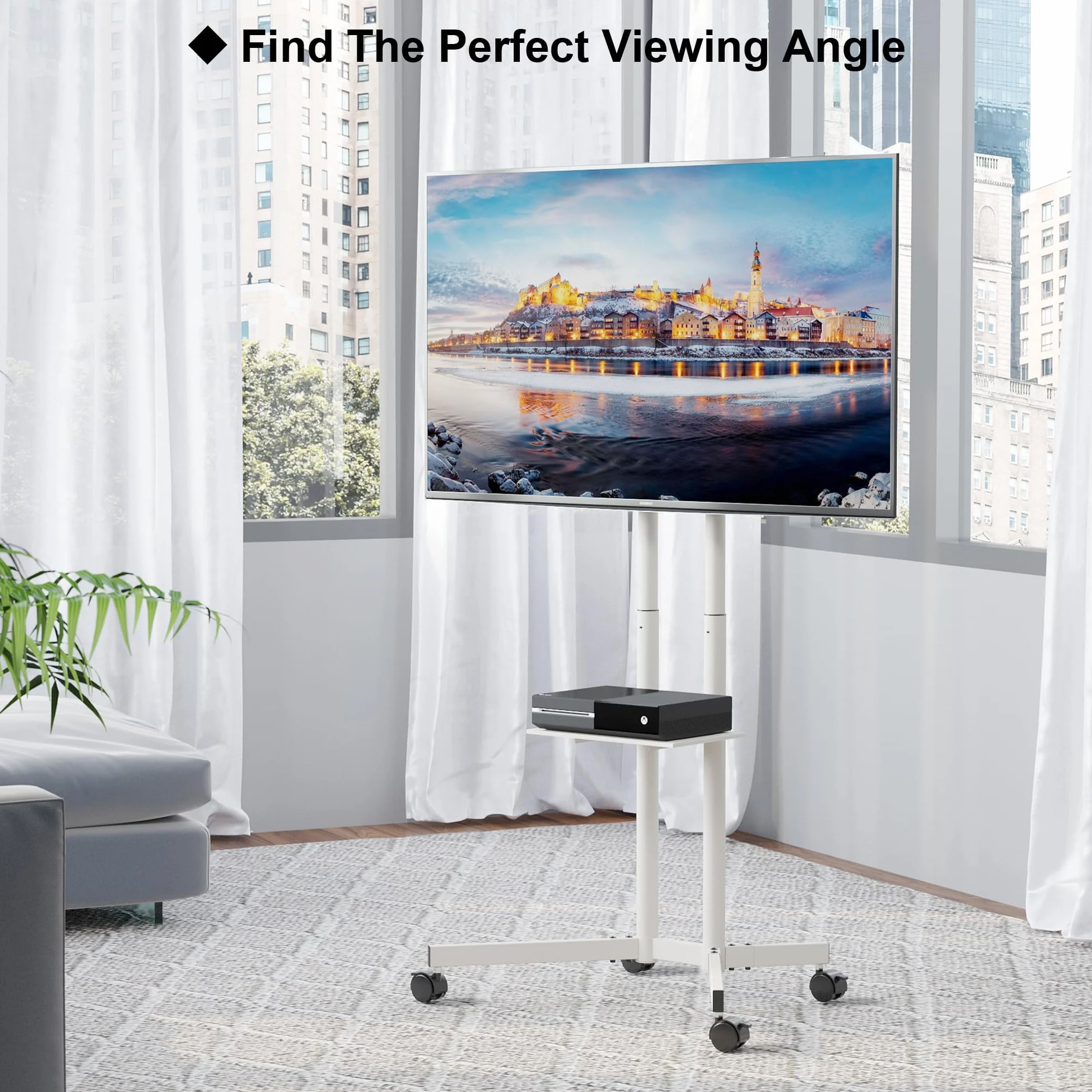 BONTEC Mobilny Stojak na Telewizor na Kółkach 32-85 cali, Regulowana Półka, 60 kg, VESA 600x400mm, Biały