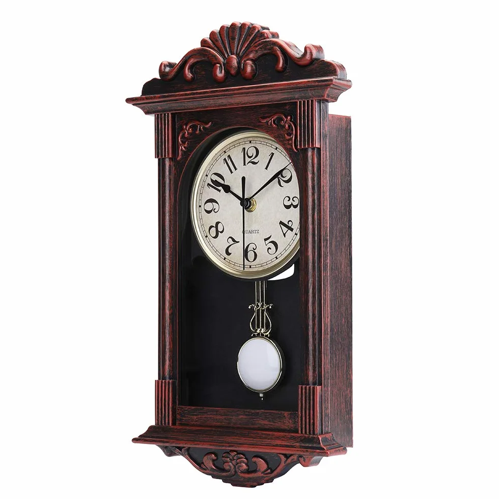 Wahadłowy zegar ścienny retro, kwarcowy, dekoracyjny zegar ścienny, na baterie, do salonu, biura, dekoracji, domu, 40 cm, brąz