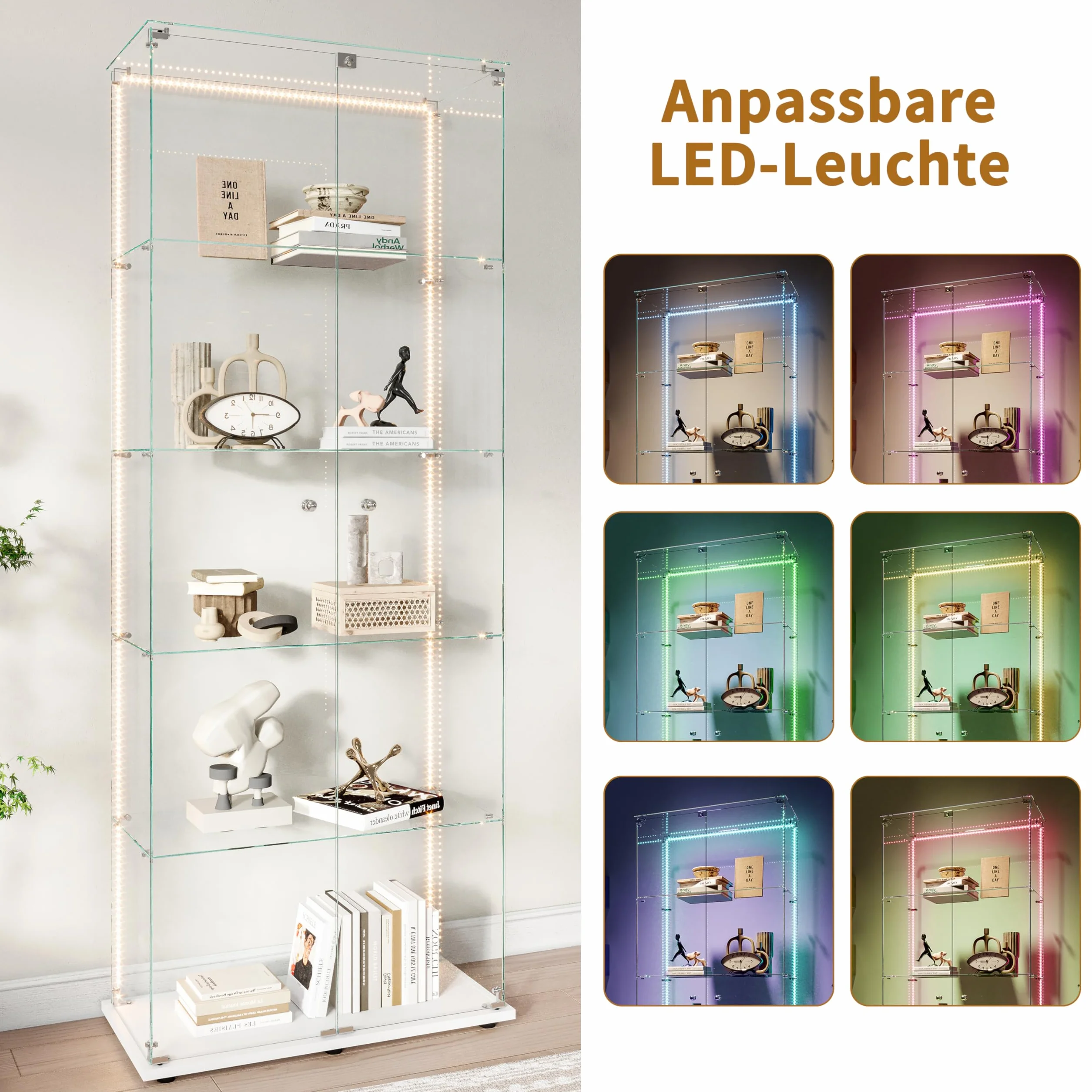 Szklana witryna stojąca, czarna, z oświetleniem LED, 5-poziomowa 186,5 x 34,5 x 78,5 cm, bezramowa, pełna widoczność, szklane półki z regulacją wysokości, szafka z witryną do salonu, biura,biały B