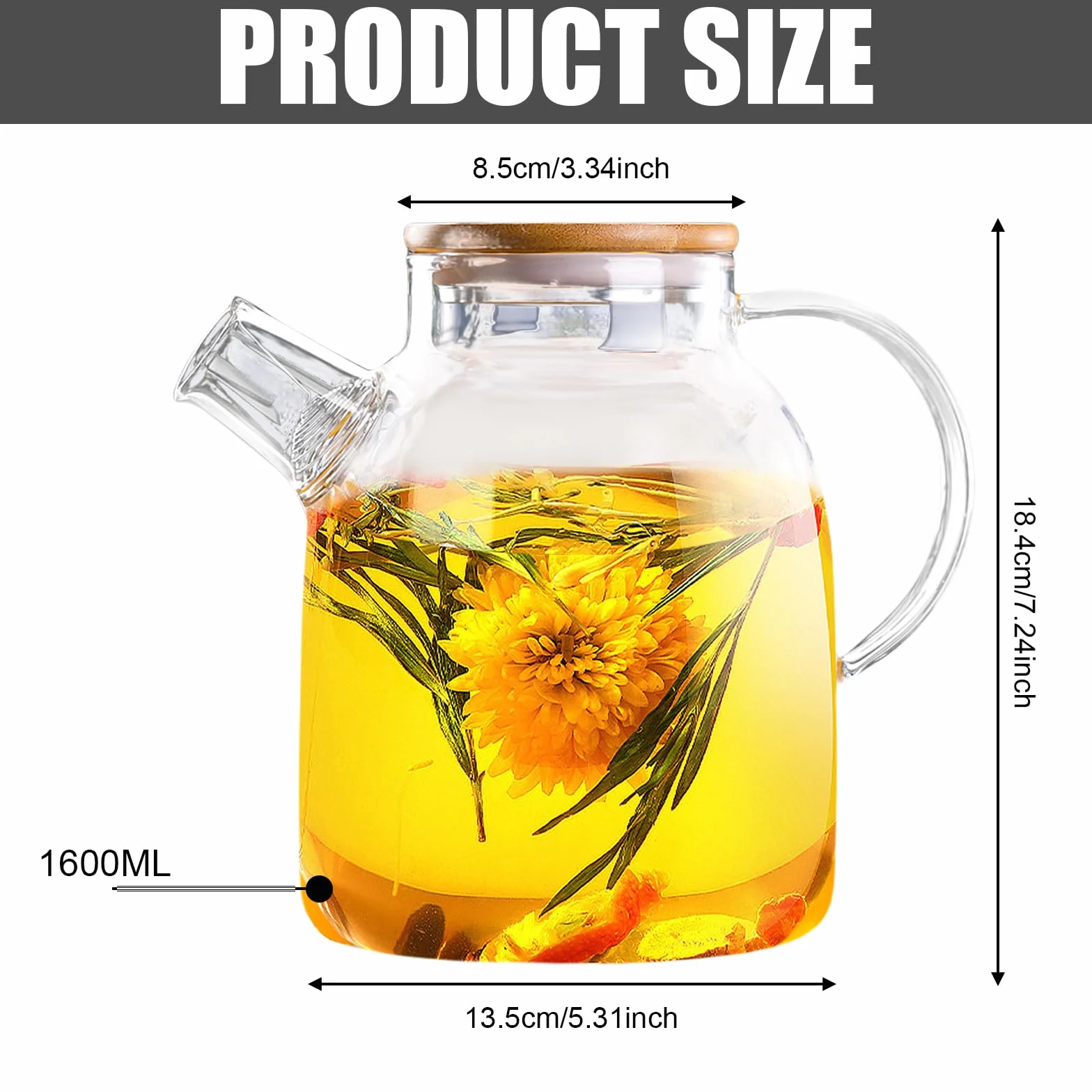 Szklany dzbanek do herbaty 1,6 l ze szczotką do czyszczenia, bambusową pokrywką, zestaw ze szkła borokrzemowego