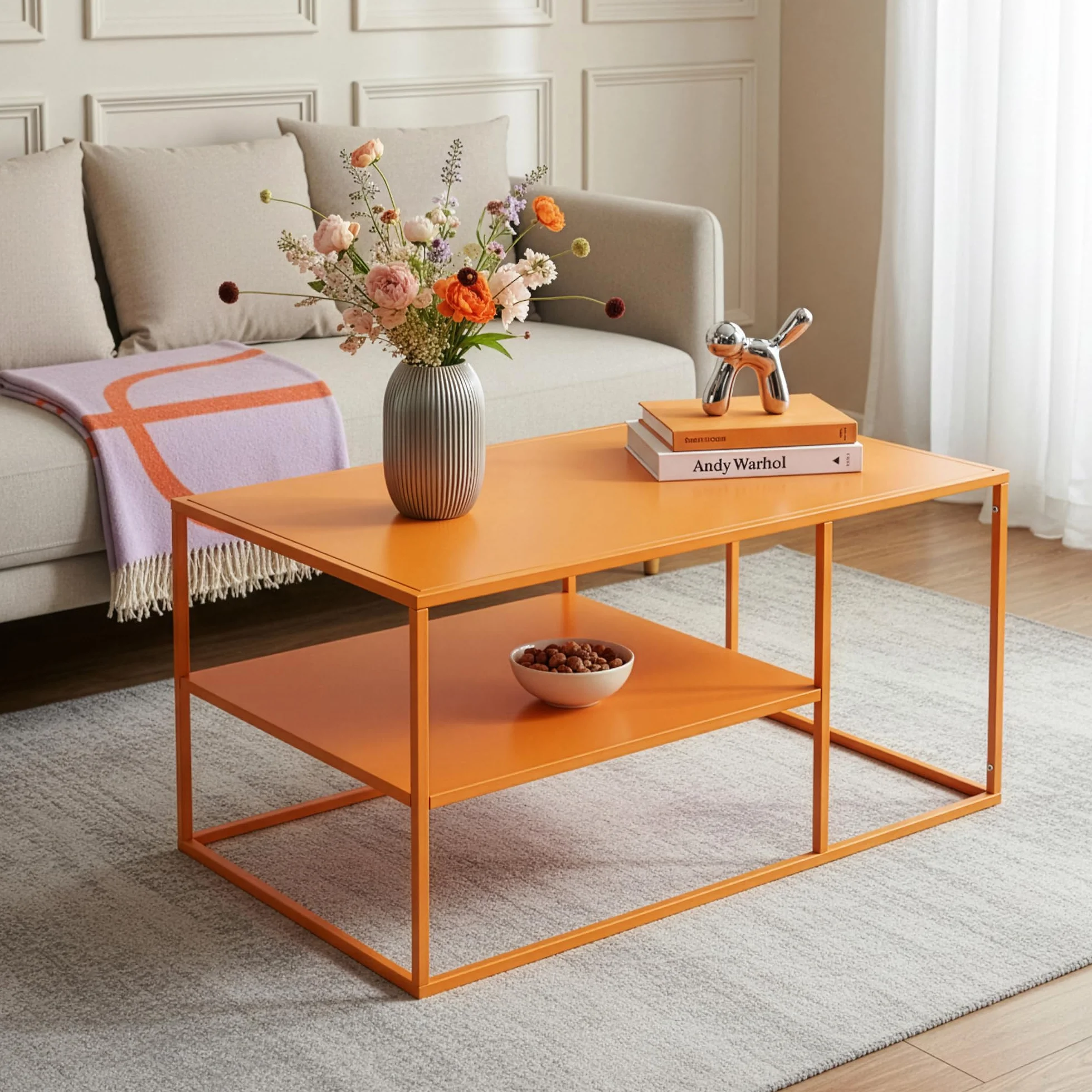 [en.casa] Stolik kawowy Solund stolik pomocniczy metalowy pomarańczowy stół do salonu z miejscem do przechowywania 90 x 60 x 45 cm prostokątny stolik do sofy stolik kawowy