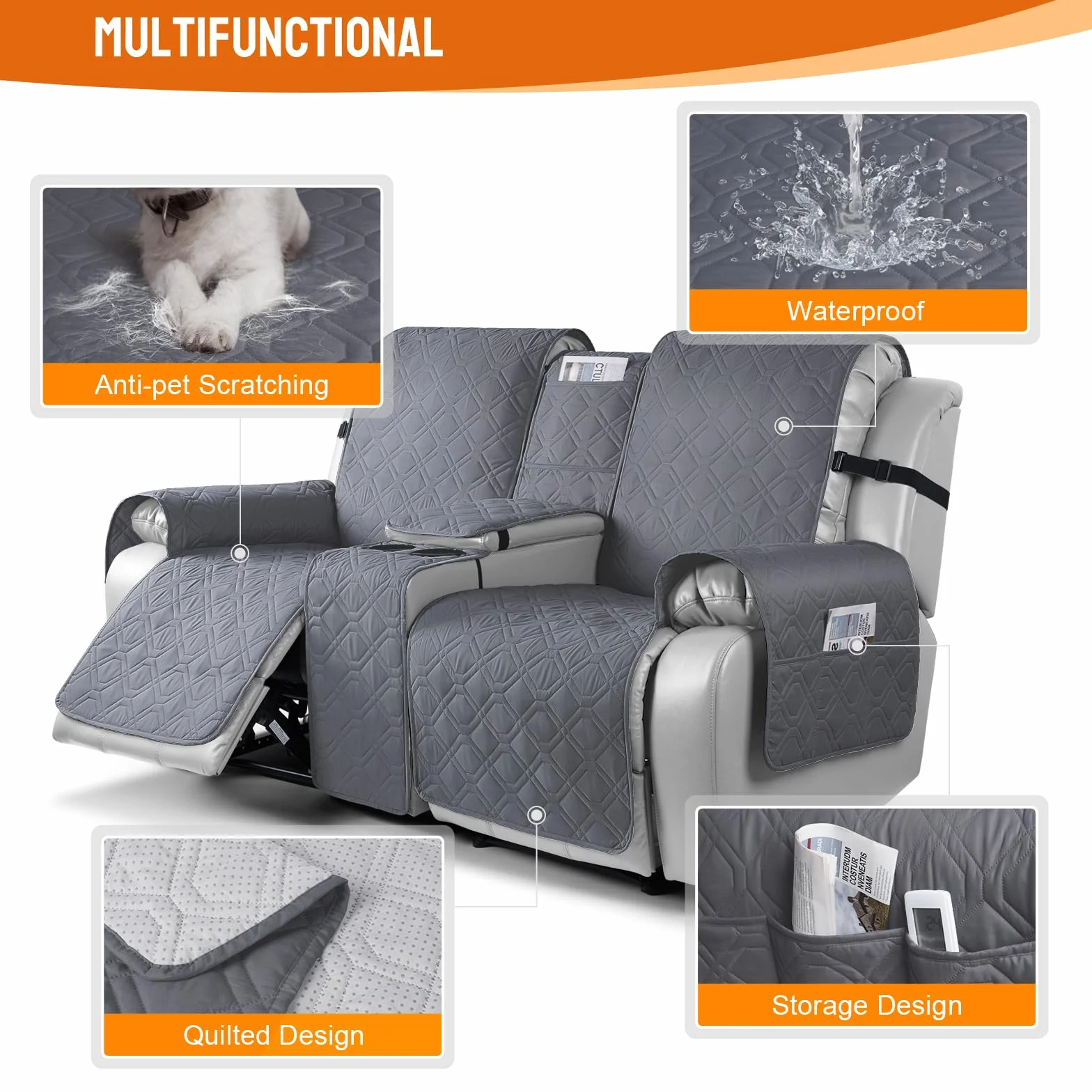 VANSOFY Loveseat Pokrowiec na leżankę z konsolą, w 100% wodoodporne, antypoślizgowy, rozkładana kanapa, pokrowiec na meble dla zwierząt domowych, psów (ciemnoszary)