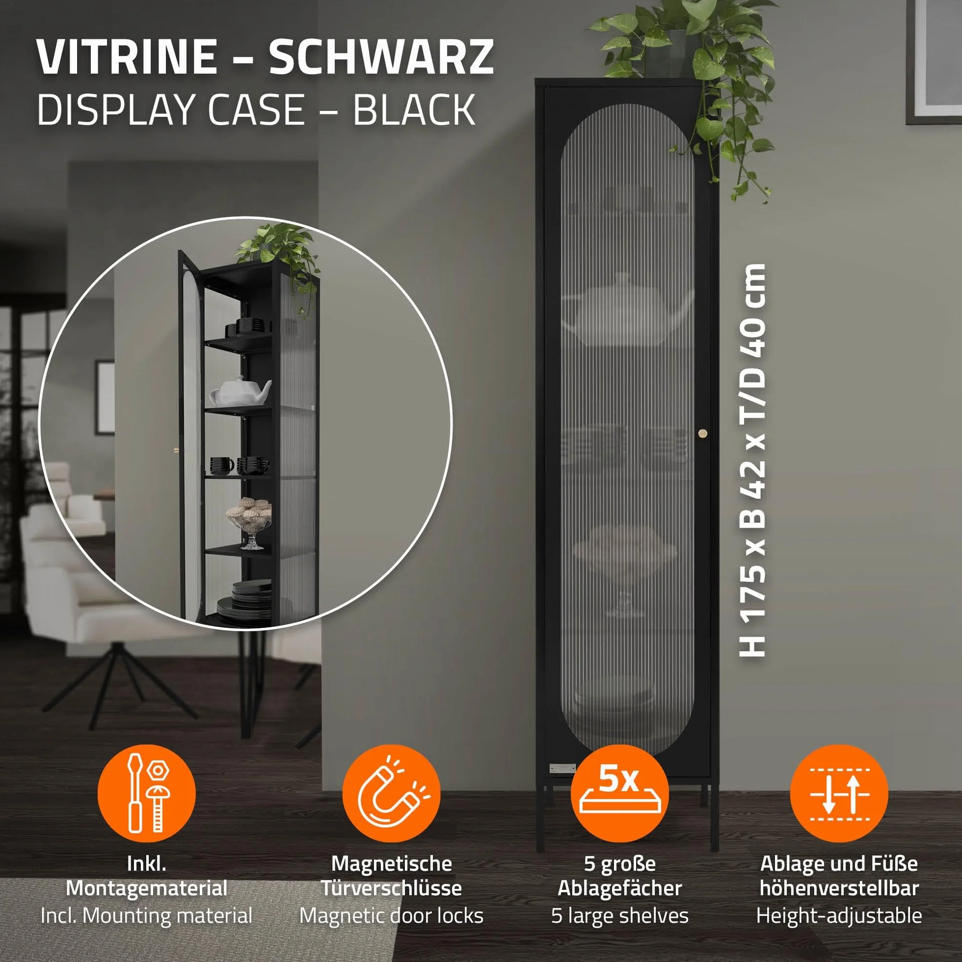 Gablota metalowa 42x175x40 cm czarna wąska z 5 półkami i drzwiami industrialna szafka na dokumenty