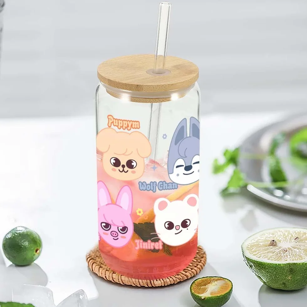 Szklane słoiki z pokrywką i słomką, Skzoo 500 ml, słoiki Stray na herbatę bubble tea, mrożoną kawę, smoothie, zimną herbatę, koktajle, Kpop Merch, prezenty dla fanów Stay