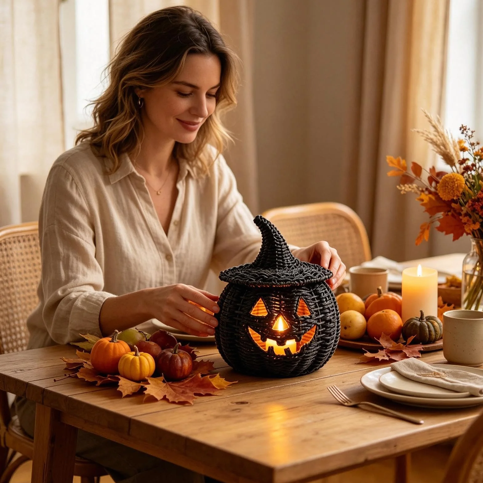 Czarny pleciony kosz dyniowy Pojemnik Do Przechowywania Halloween Ze Świecą | Straszny Kosz Do Przechowywania Słodyczy do domu mieszkania apartamentu salonu biurka kominka stołu jadalnego prze
