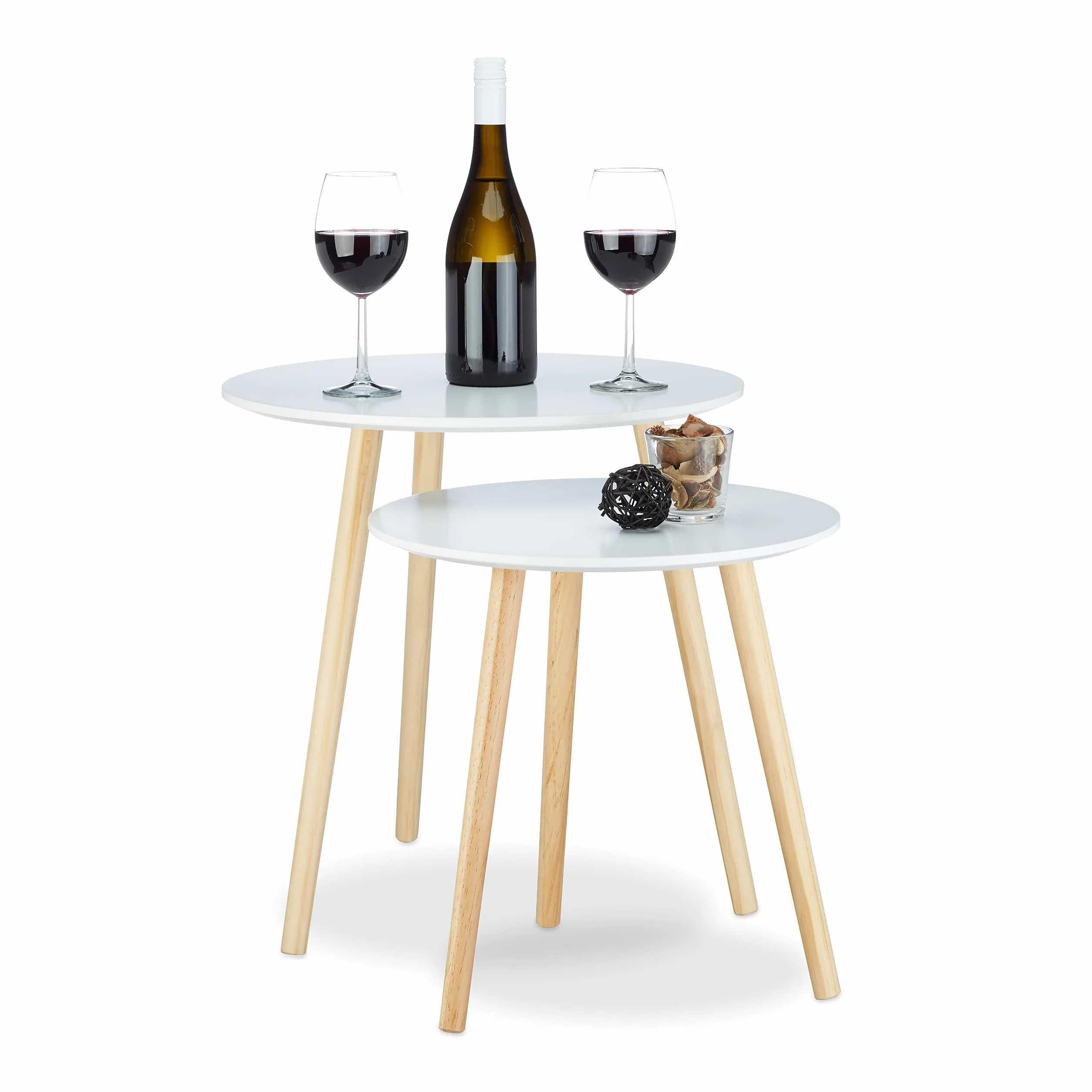 Relaxdays zestaw 2 stolików nocnych, skandynawski design z lat 70-tych, średnica 39 i 47,5 cm, biały