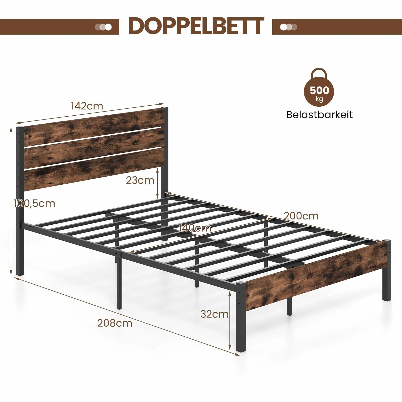 COSTWAY Metalowa rama łóżka do materaca 200 x 140 cm, podwójna rama łóżka ze stelażem i miejscem do przechowywania pod łóżkiem, metalowe łóżko platformowe, łóżko dla gości, przemysłowa podstawa