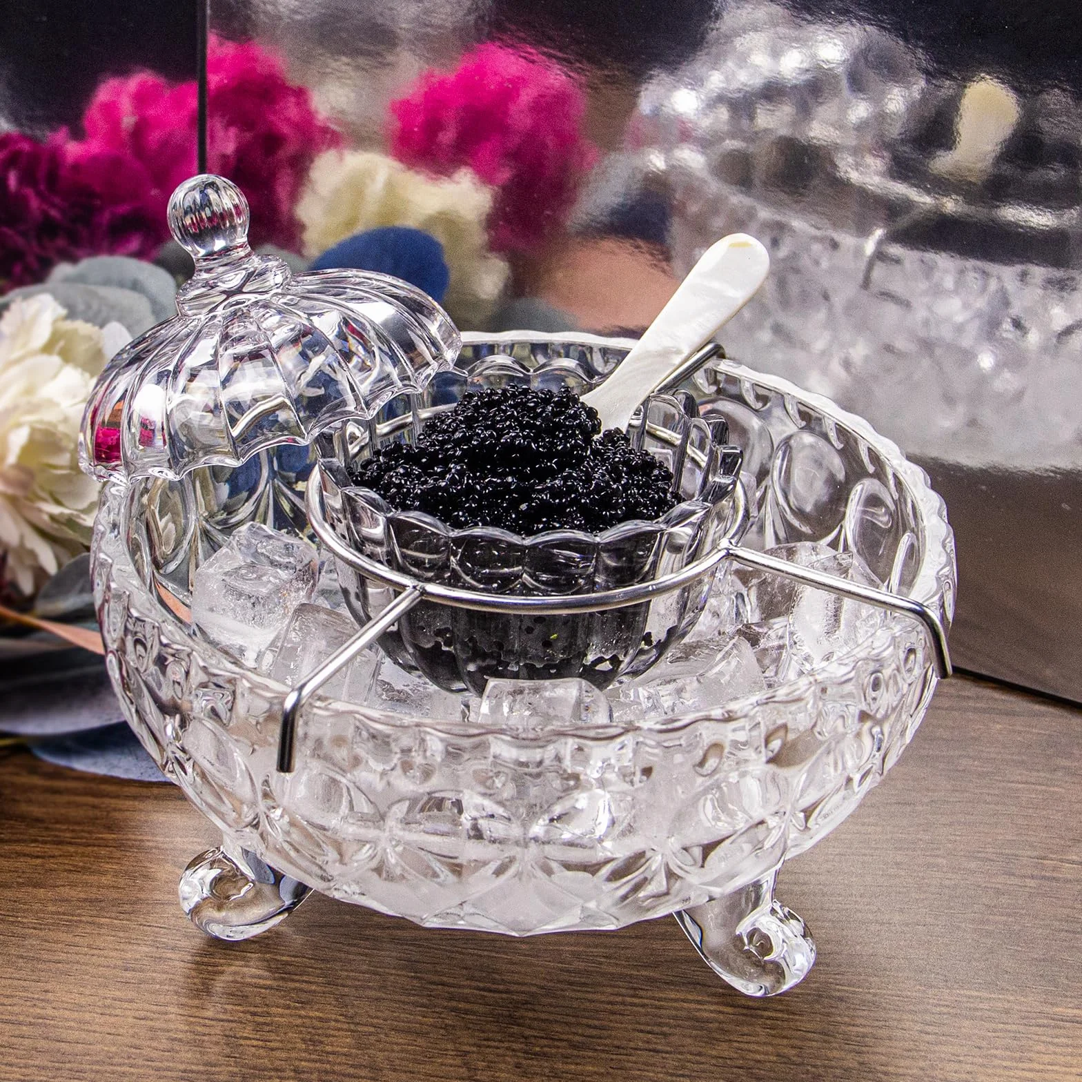 DUEBEL Zestaw serwera kawioru z 2 łyżkami z masy perłowej – elegancka miska do serwowania z kroplami kawioru, krewetek i innych na imprezach w kuchni, restauracji i cateringu