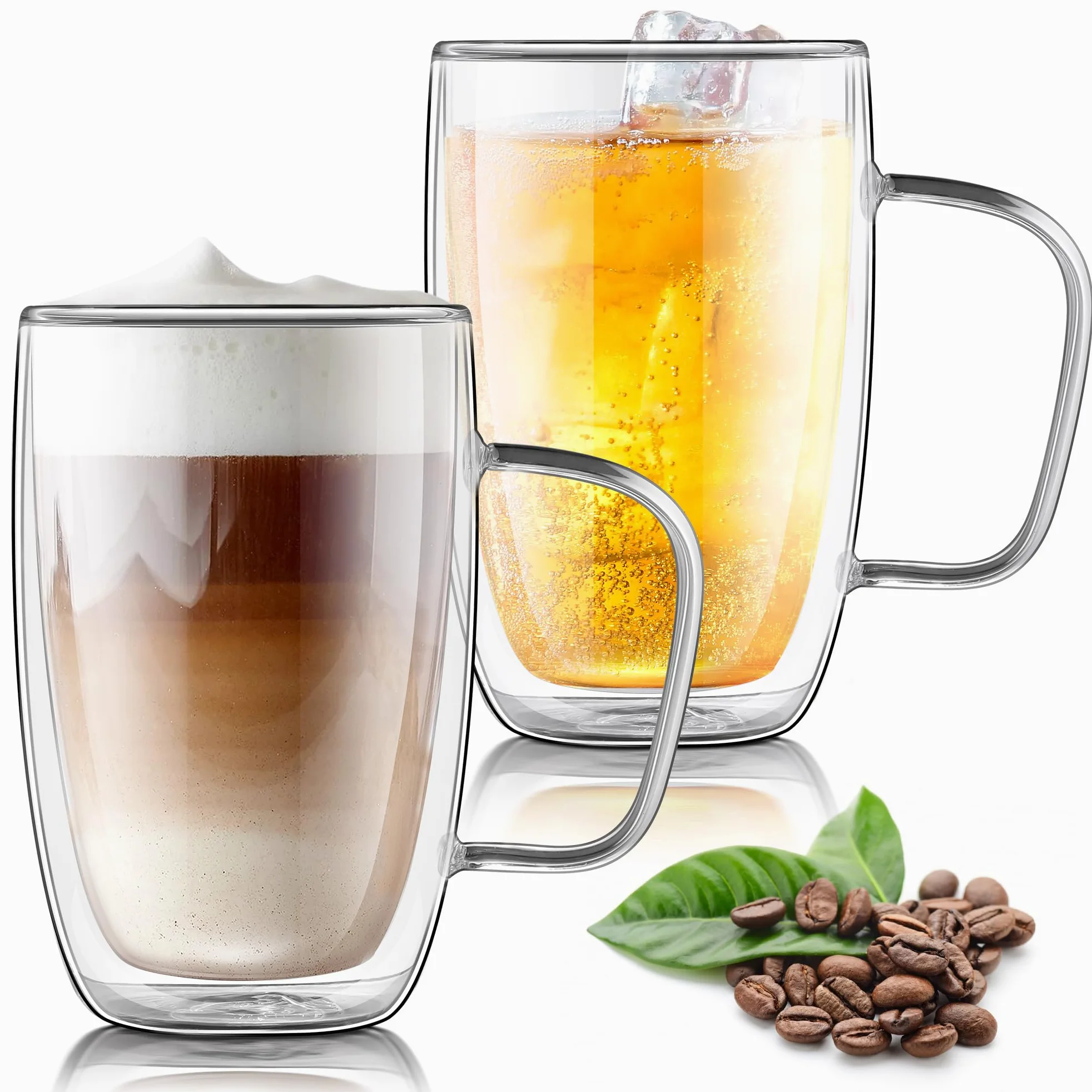 Joeyan 2 x 500 ml, 17 uncji, zestaw dużych filiżanek do kawy, dwuścienne szklanki do piwa z uchwytem, szkło borokrzemowe, kubek termiczny do cappuccino