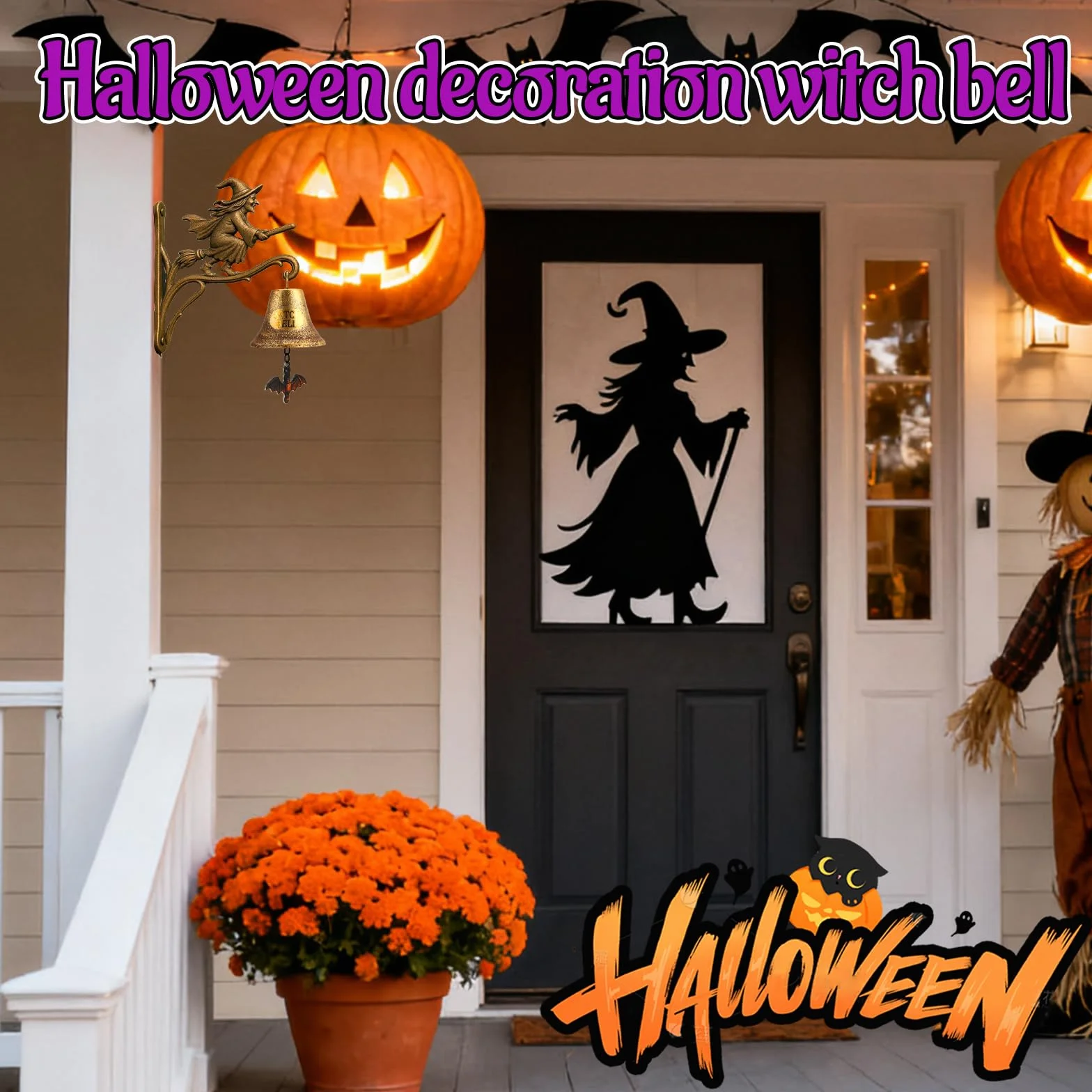Dzwonek do drzwi na Halloween, w stylu vintage, dzwonek czarownicy, do zawieszenia, montaż ścienny, dzwonek czarownicy, z miotłą, dekoracyjny, gotycki dzwonek ogrodowy na werandę, do ogrodu, drzwi