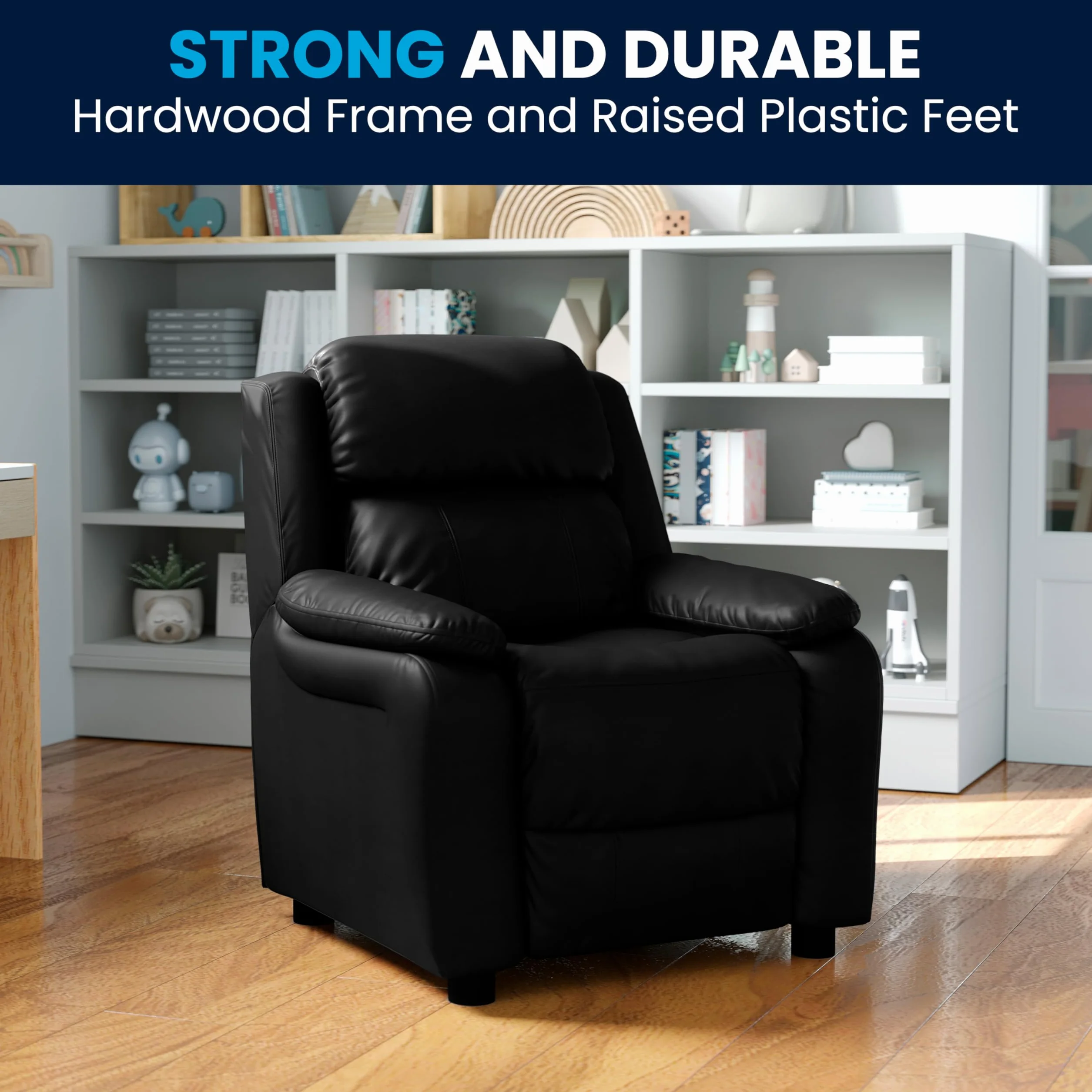 Flash Furniture Deluxe Wyściełany współczesny fotel dziecięcy z podłokietnikami do przechowywania, skórzany, czarny, 66,04 x 53,34 x 53,34 cm