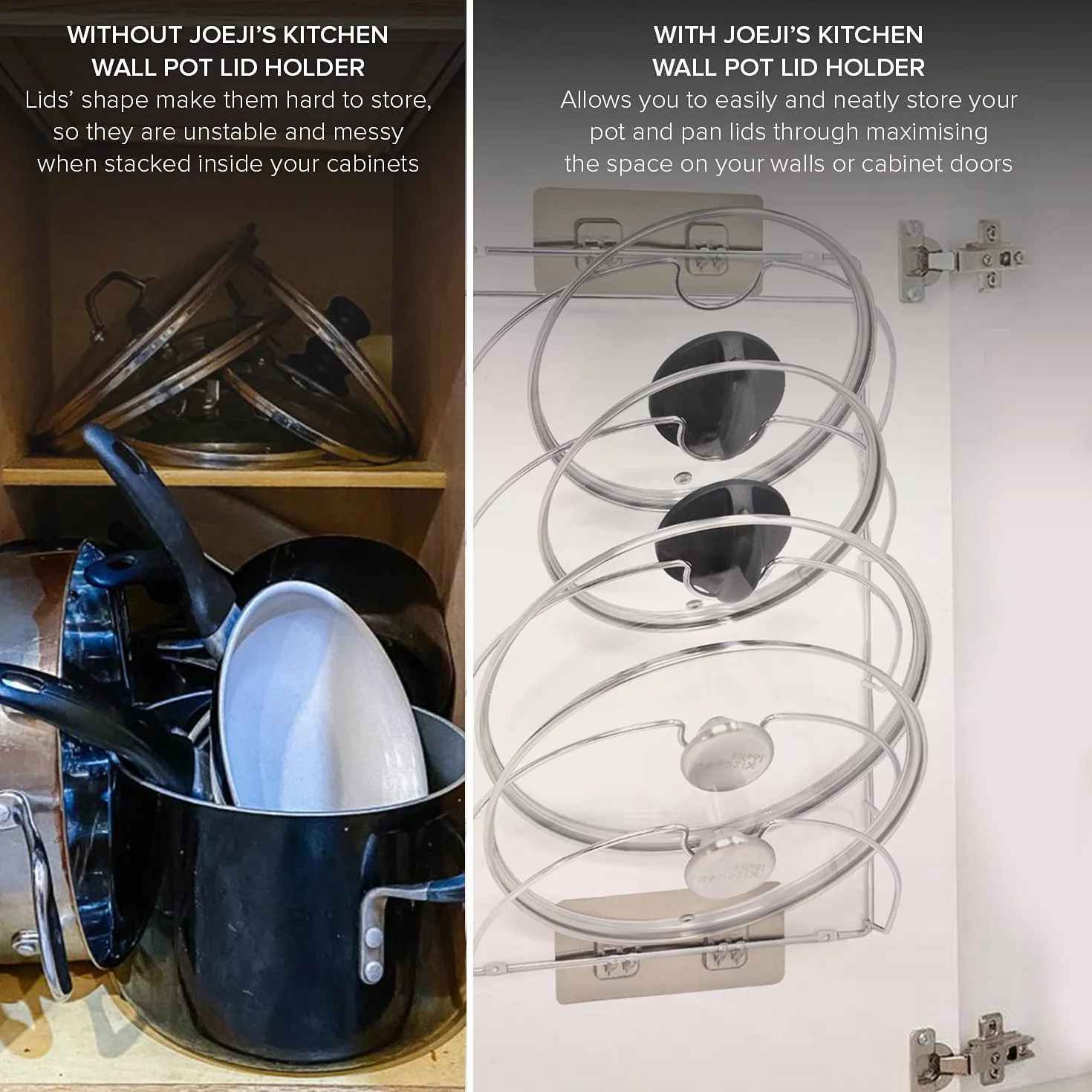Joeji's Kitchen Uchwyt na pokrywkę do patelni z 5 przegródkami na drzwi szafy, mocny klej, bez wiercenia, duży organizer do szafki lub ściany, stojak do przechowywania pokrywek do garnków