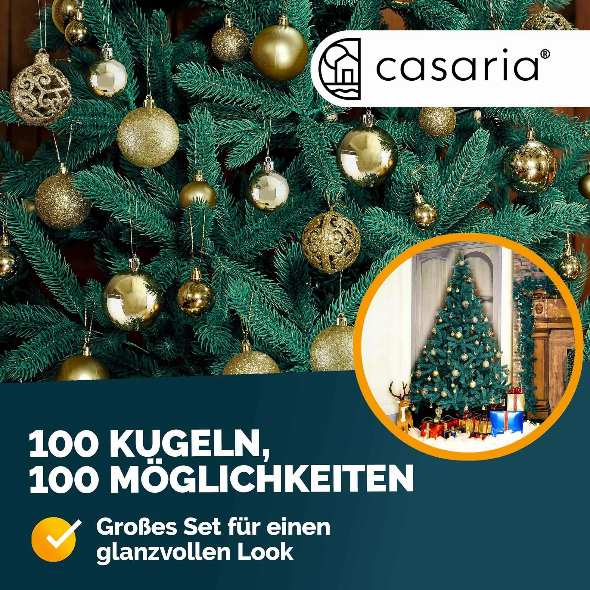 Deuba® Zestaw bombek choinkowych, 100 szt., bombki choinkowe, bombki z haczykami, świąteczne święta, do wewnątrz, na zewnątrz, wiszące ozdoby, 32 x Ø 30 mm, 36 x Ø 40 mm, 32 x Ø 60 mm, złote