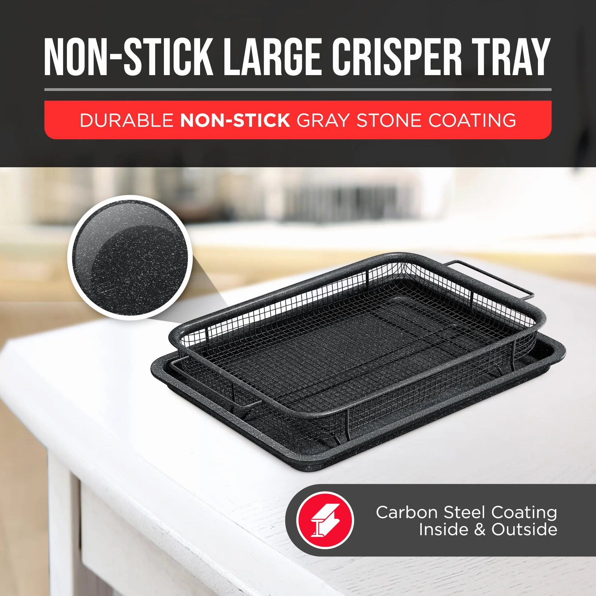 Bakken Swiss Crisper Tray – 2-częściowy zestaw – szary marmur, nieprzywierający kosz dla zdrowszego gotowania w zwykłych piekarnikach – uzyskaj idealnie chrupiące chipsy, bekon i nie tylko