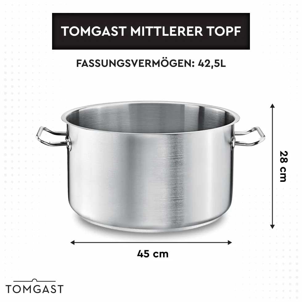 Garnek o średniej średnicy 45 cm PRO | pojemność 42,5 l, wysokość 28 cm, stal nierdzewna, dno warstwowe, do kuchenek i indukcyjnych, nadaje się do mycia w zmywarce
