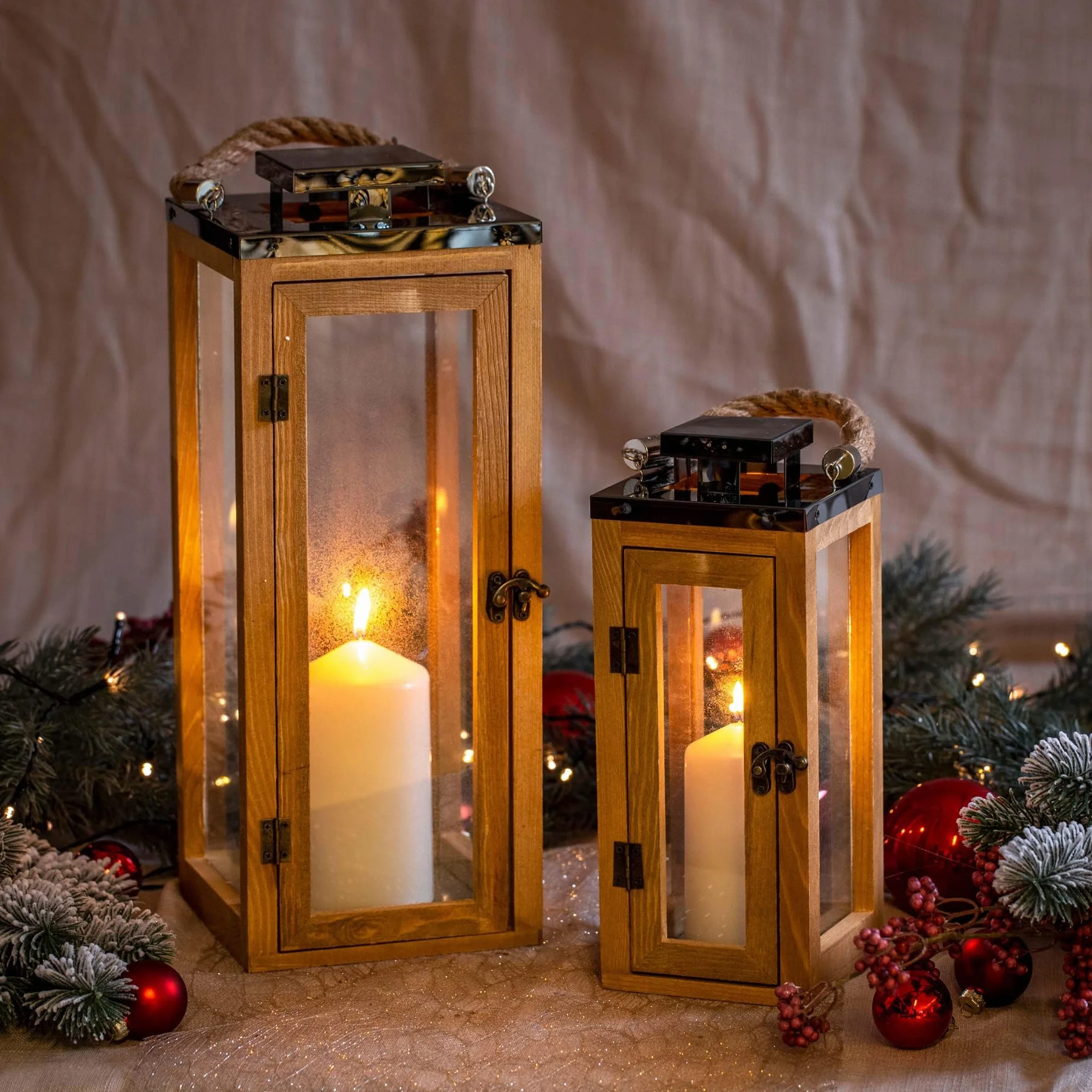 Gadgy Drewniane lampiony, zestaw 2 dużych lampionów zewnętrznych, duża latarnia, dekoracja latarni, drewniany świecznik, dekoracja drzwi wejściowych, zestaw szklanych lampionów, drewniana latarnia