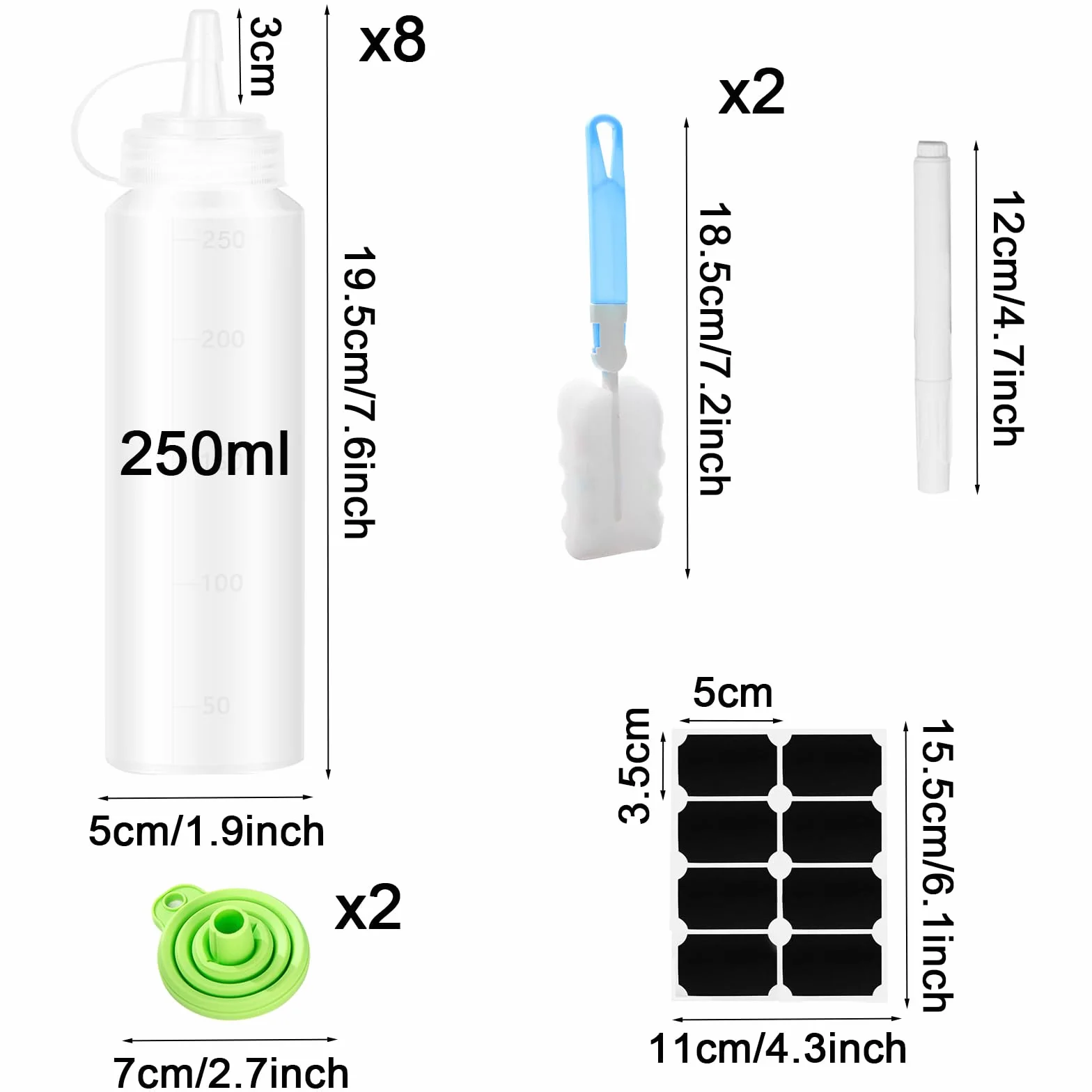 Butelka do wyciskania, 8 sztuk, 250 ml, plastikowa butelka do wyciskania z nakrętkami, bez BPA, do malowania, pieczenia, keczupu, ostrego sosu, oliwy z oliwek, butelka na sos