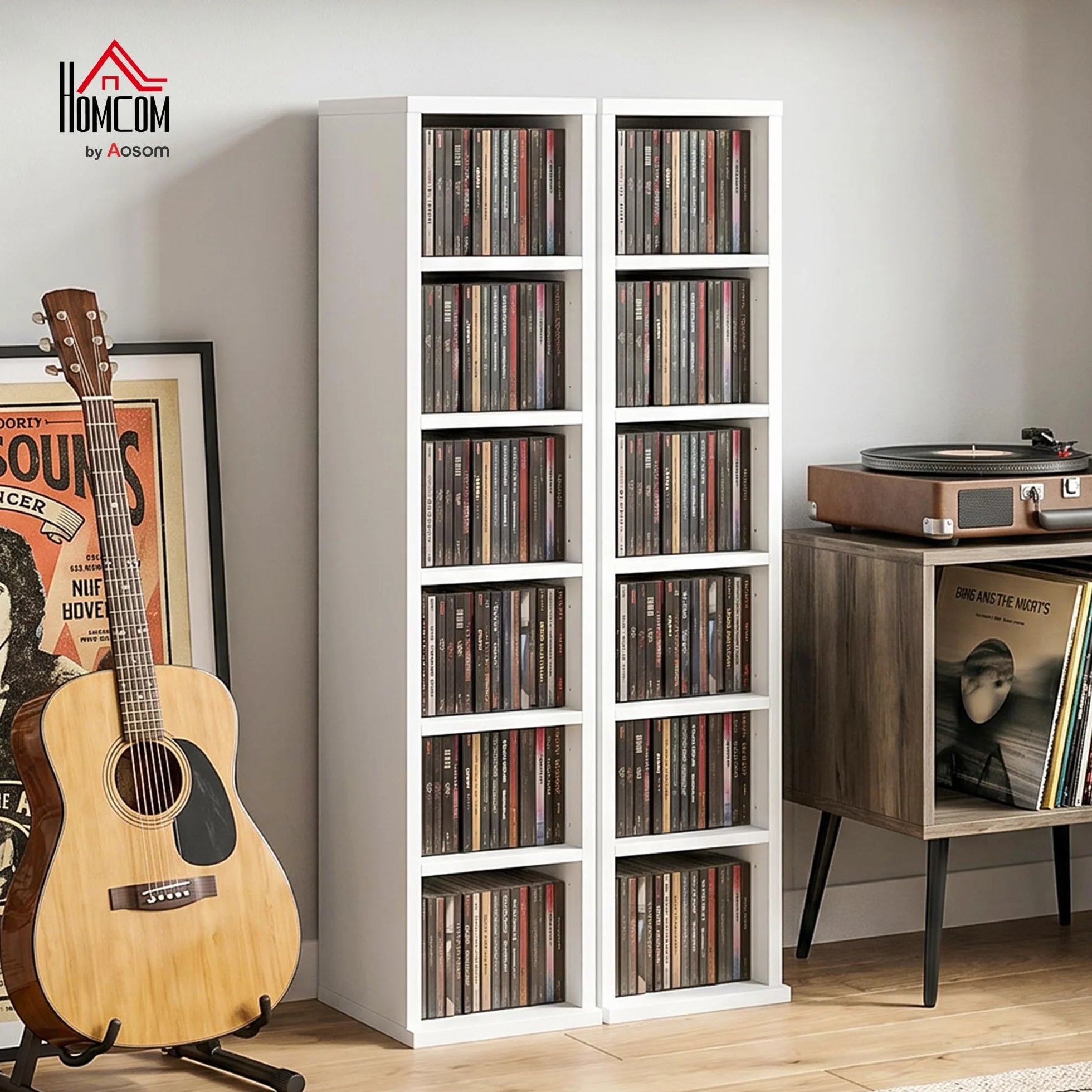 HOMCOM Regał na płyty CD, DVD i Blu-ray, zestaw 2 sztuk, możliwość układania w stos, 21 x 22,5 x 88,5 cm, biały | Regał na płyty CD, regał stojący z 5 regulowanymi półkami, regał na media, regał dekoracyjny