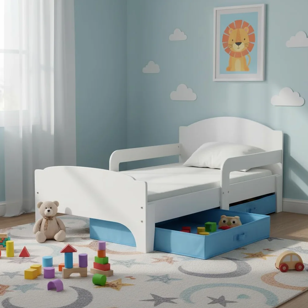Leomark łóżko dziecięce SMART 70 x140 cm pojedyncze łóżeczko z szufladami na pościel, materacem i barierką ochronną Białe + niebieskie szuflady