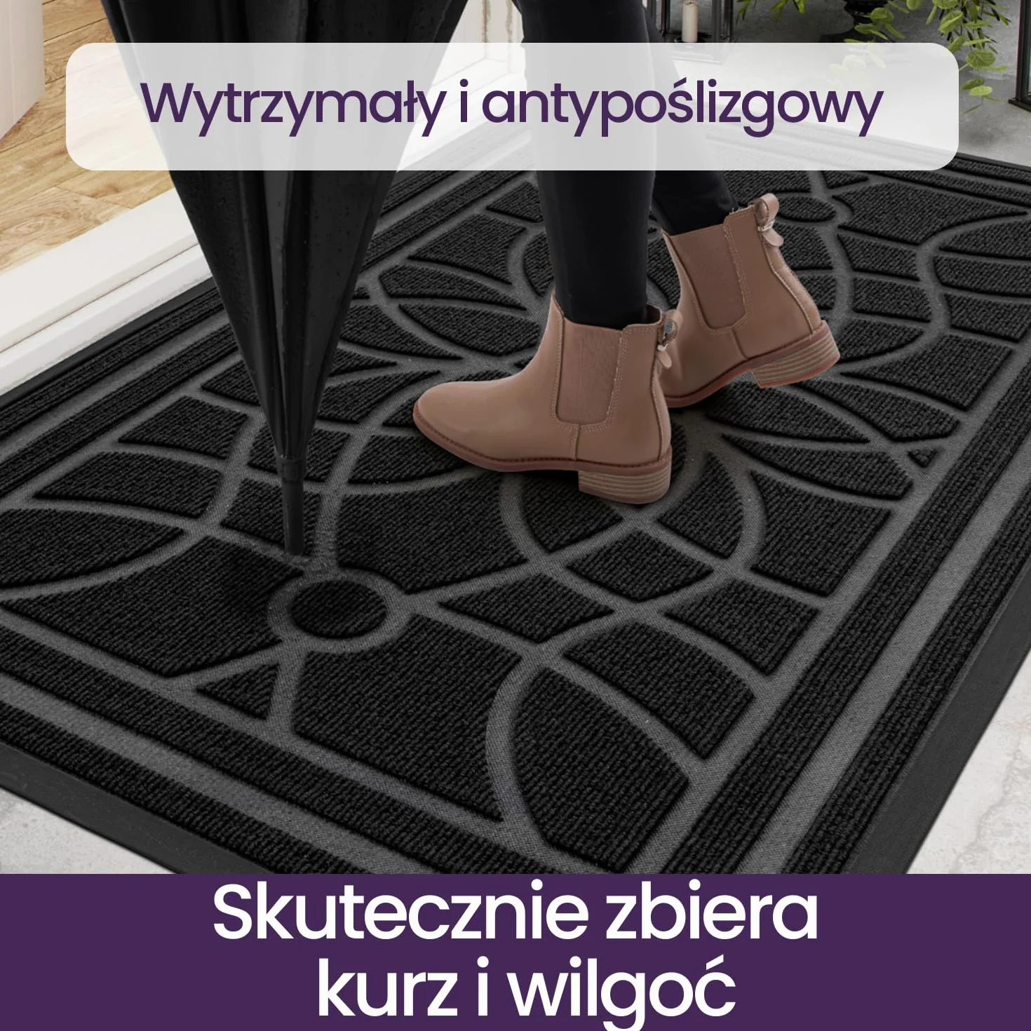 DEXI Antypoślizgowa wycieraczka zewnętrzna 44 x 75 cm, chłonna wycieraczka wewnętrzna, zmywalna mata wejściowa, wytrzymała, wycieraczka do korytarza, ogrodu, podwórza - czarna