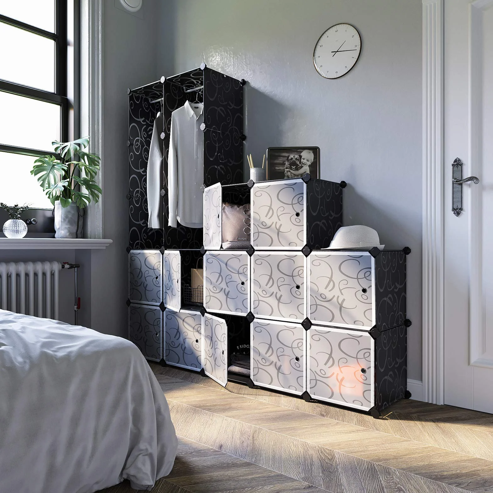 SONGMICS LPC30H szafa na ubrania z 2 drążkami na ubrania, modułowa szafa kombi, zajmujący mało miejsca, system regałów wtykowych, 143 x 36 x 178 cm, czarna