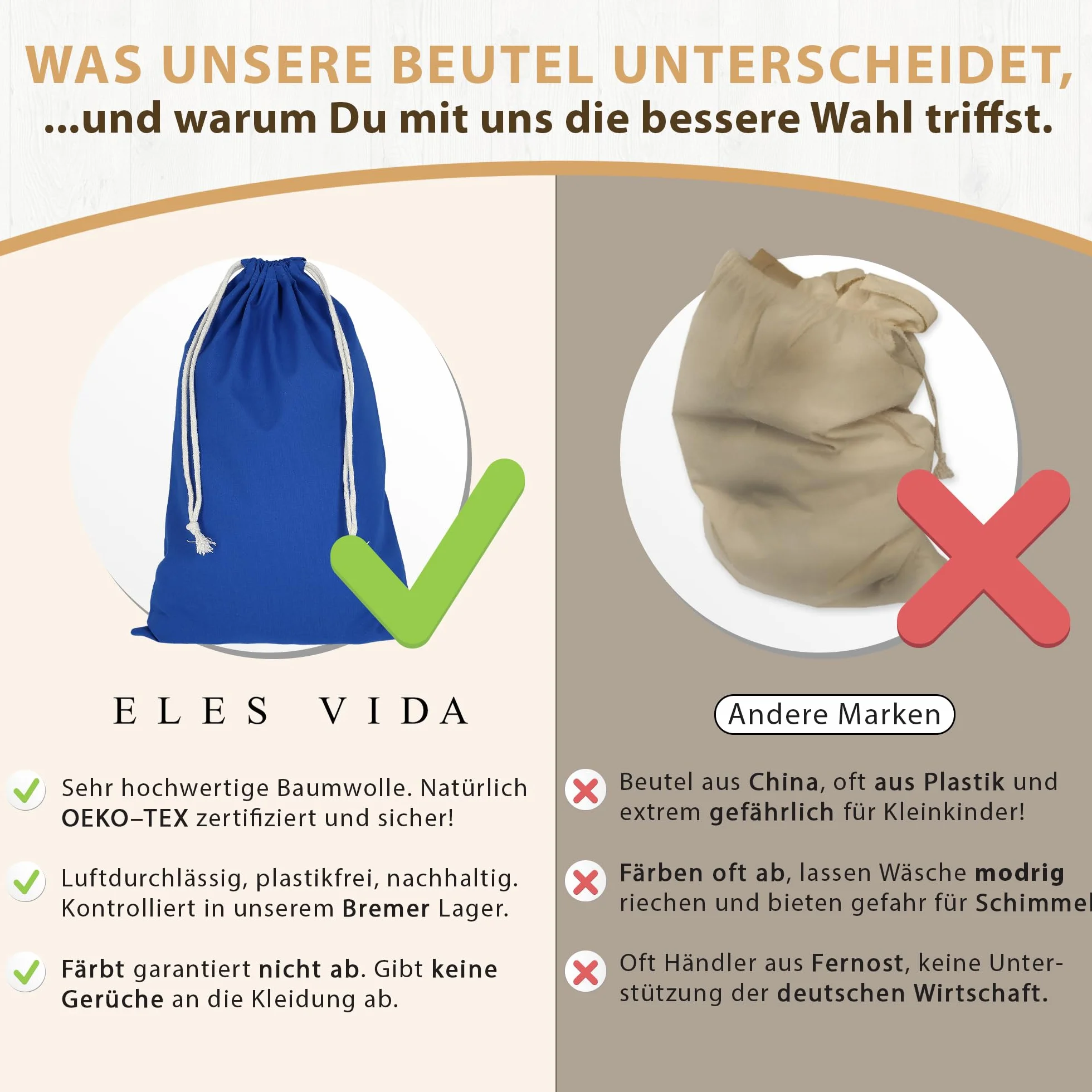 ELES VIDA® - Worki na pranie 50 x 75 cm ze 100% bawełny – bardzo duże worki na pranie – trwałe, ze sznurkiem, podróżny kosz na pranie, do przechowywania w kolorze niebieskim, 50 x 75 cm, 2 sztuki