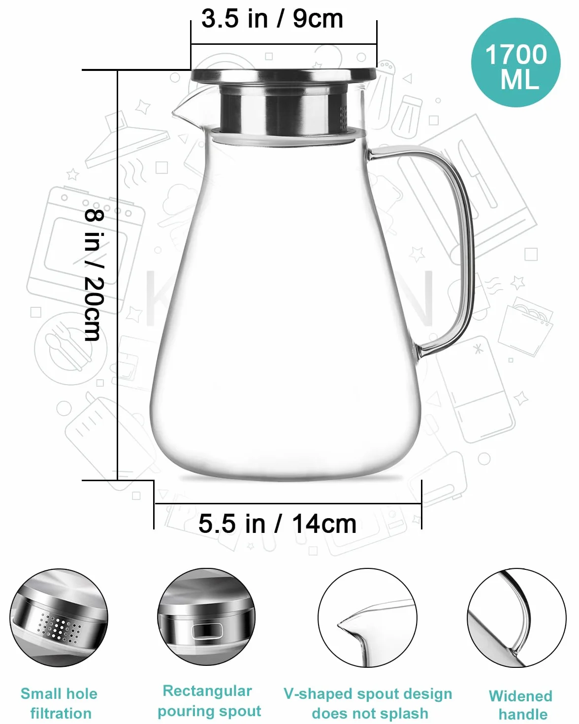 LIBWYS 1700ml Karafka szklana z pokrywką, ze szkła borokrzemowego, karafka, do napojów, soków, herbaty, mleka