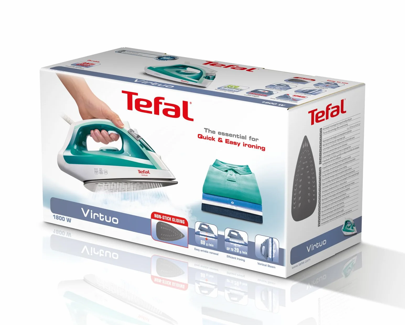 TEFAL FV1710 VIRTUO żelazko parowe, 1800 W, ciągły wyrzut pary do 24 g/min, prasowanie w pionie, system odkamieniający, nieprzywierająca powłoka, uderzenie pary do 80 g/min, biały-turkusowy