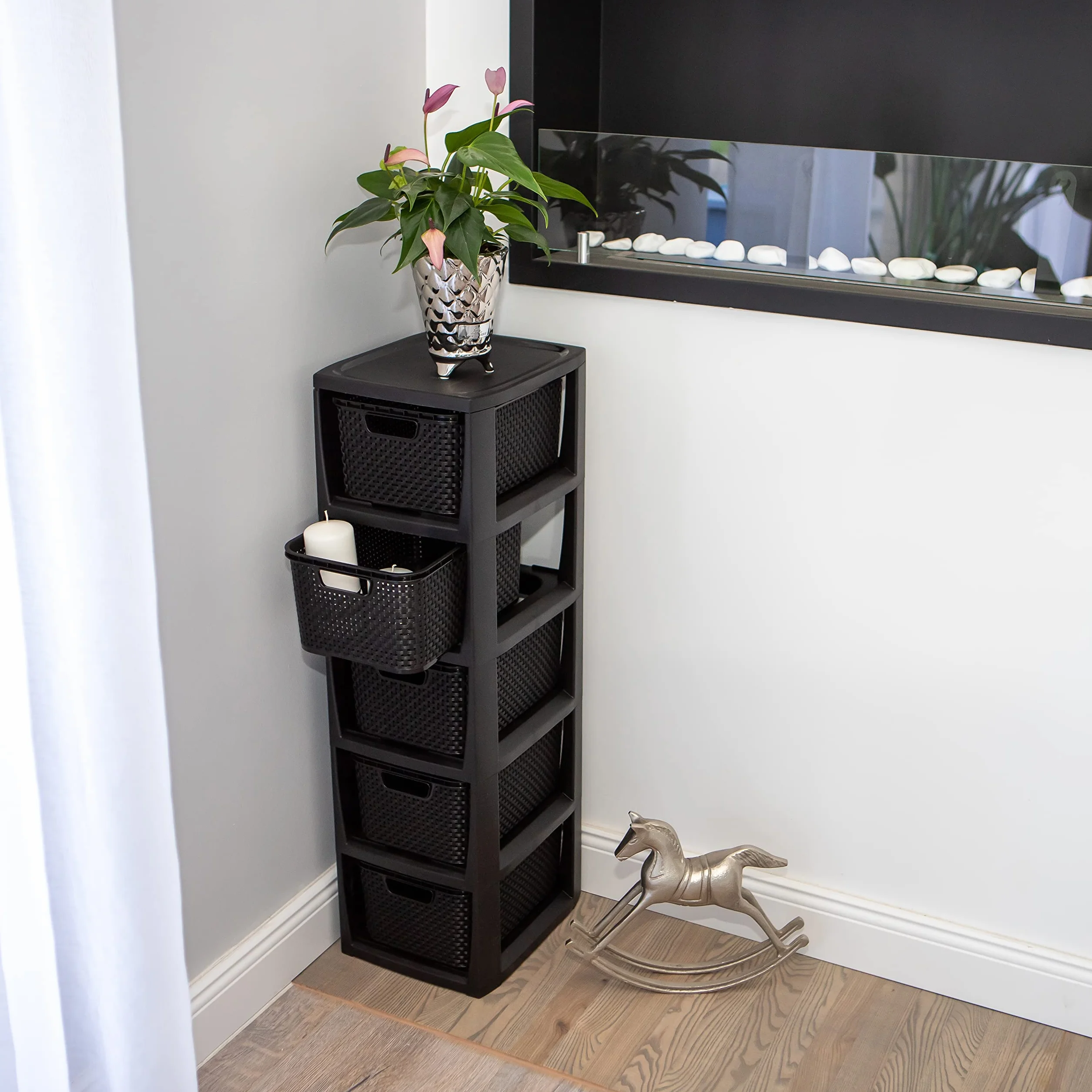 BranQ Regał rattanowy Home essential, tworzywo sztuczne PP bez BPA, czarny, 29,5 x 24 x 80 cm, 5 koszy