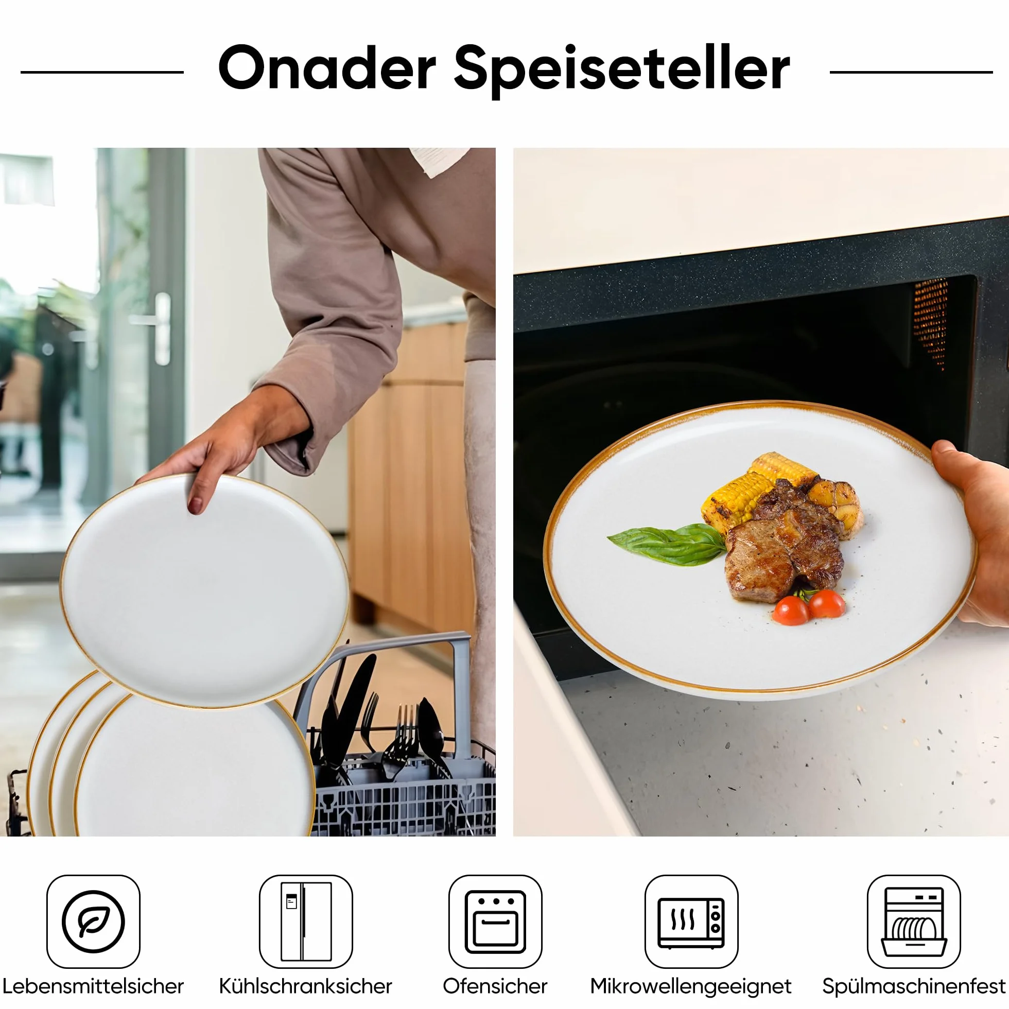 Onader Zestaw 6 talerzy obiadowych, 26,5 cm, z kamionki, klasyczne talerze do ciasta, porcelanowe, talerze obiadowe do serwowania, odporne na zarysowania, nadają się do mycia w zmywarce i używania w