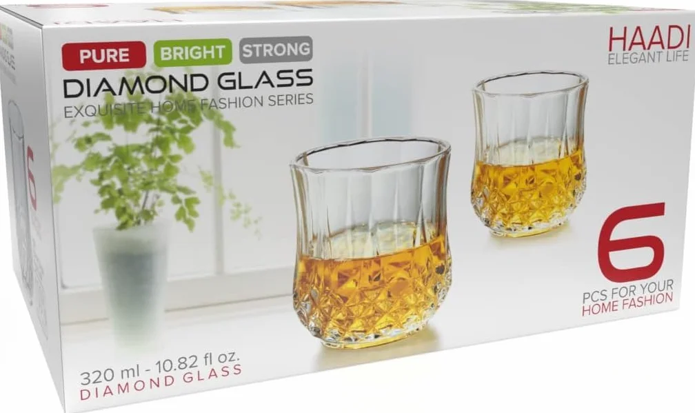 HAADI Zestaw 6 szklanek do picia, krystalicznie czysty kieliszek do wody, szklanki koktajlowe do wina, whisky, soku, ginu i innych napojów, 320 ml