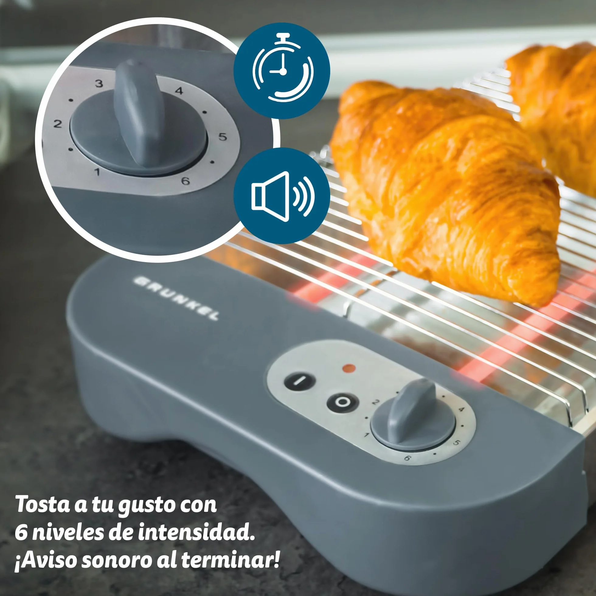 Grunkel - Płaski toster do wszystkich typów głowic i pieczonych potraw o mocy 600 W, timer z 6 poziomami i crumbą, model TSP-G2